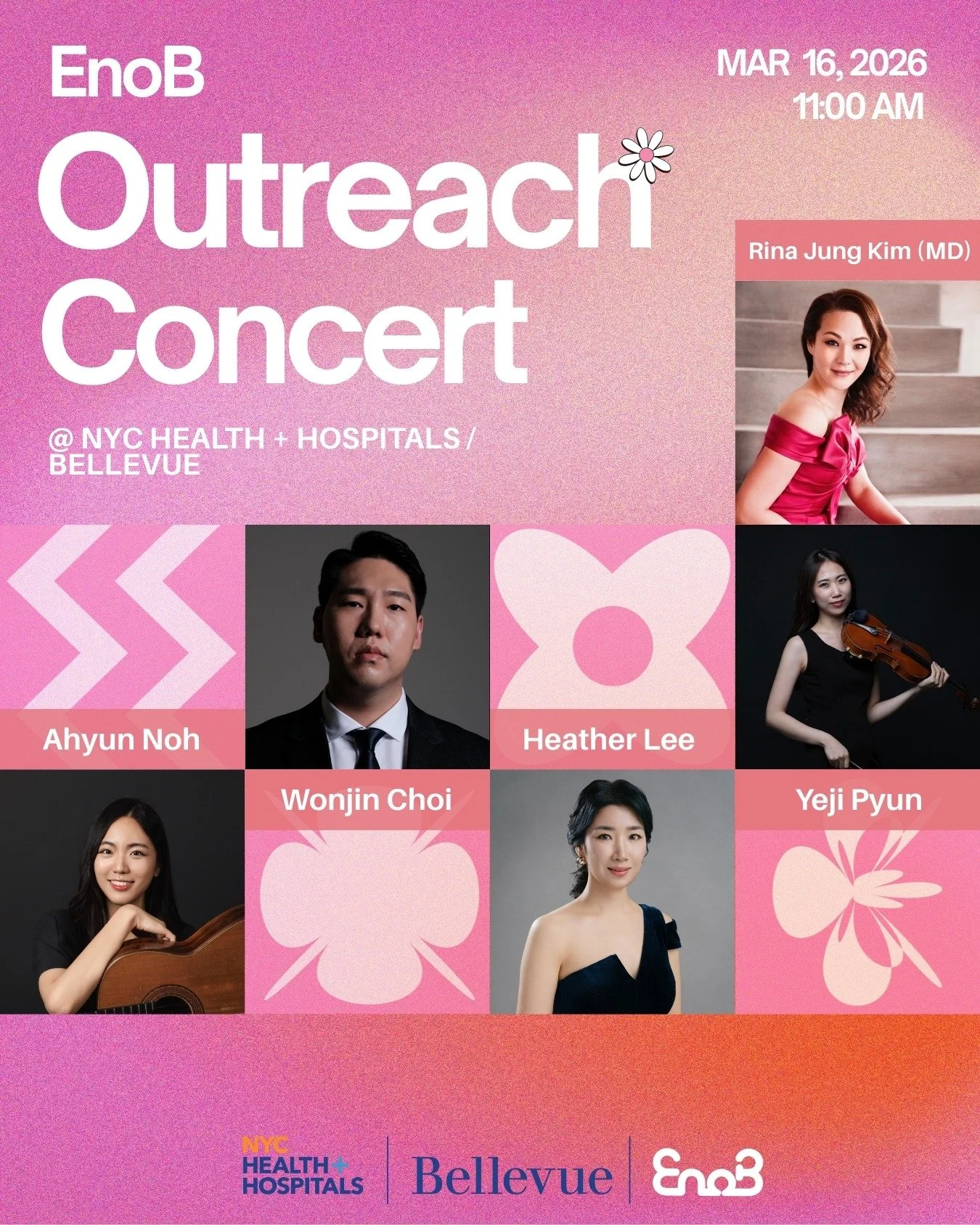 [EnoB NY Outreach Concert 2026.03.16 @ Bellevue Hospital with Rina Jungeun Kim MD Team]

On March 16, EnoB will present an Outreach Concert at NYC Health + Hospitals / Bellevue in Manhattan. This performance will feature a tenor, pianist, classical g