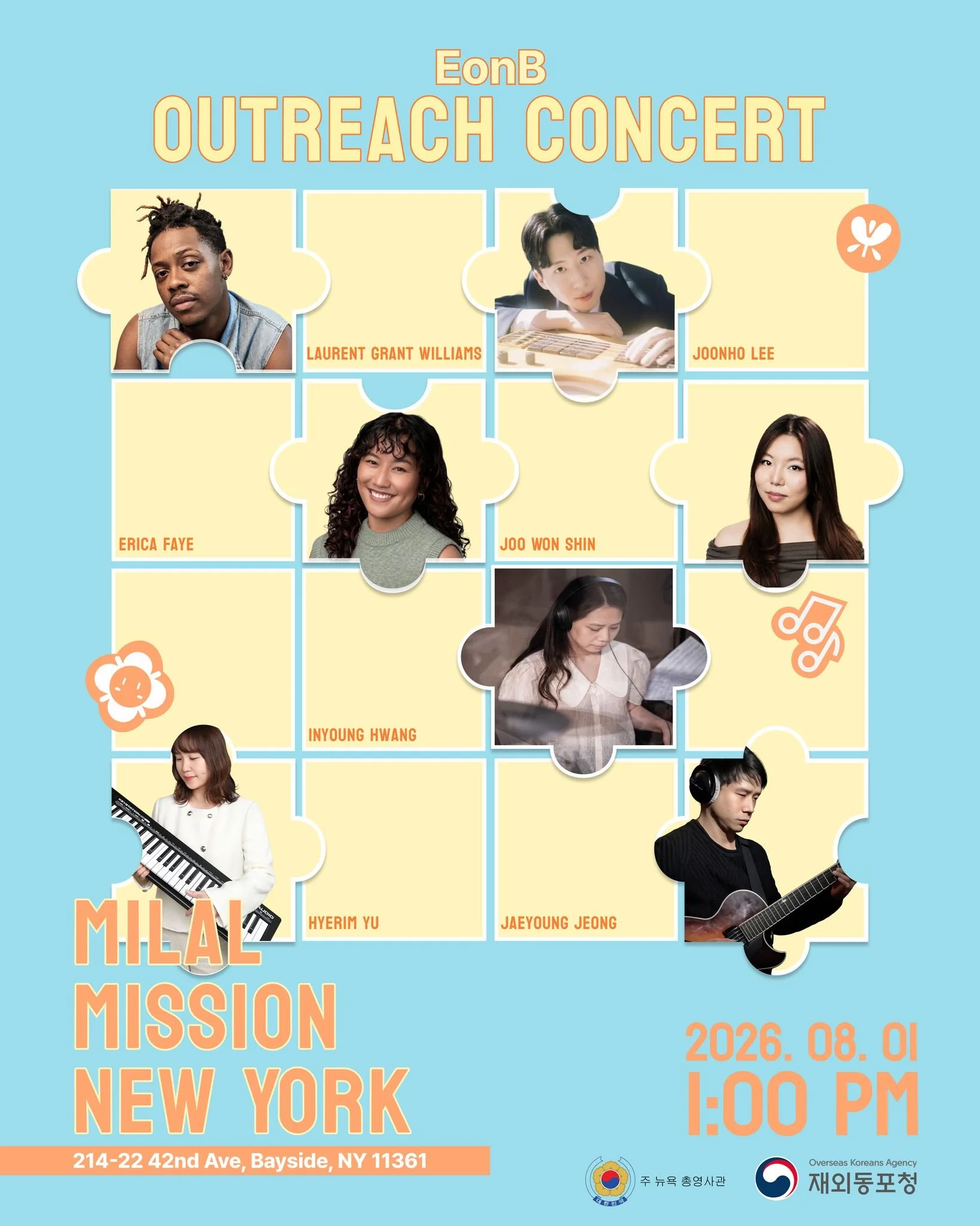 [EnoB NY Outreach Concert 2026.08.01 @ Milal Mission New York with Hyerim Yu MD Team]

오는 8 월 1 일 토요일 오후 1 시, 뉴욕밀알선교단에서 유혜림 음악감독 팀과 이노비가 마음을 모아 따뜻한 아웃리치 콘서트를 준비했습니다. 이번 무대는 미 동부 지역의 한인 중증장애인, 지적장애인, 소아마비 환우분들과 그 가족분들께 음악으로 가슴 깊은 희망과 온기를 나누는 특별한 자리가 될