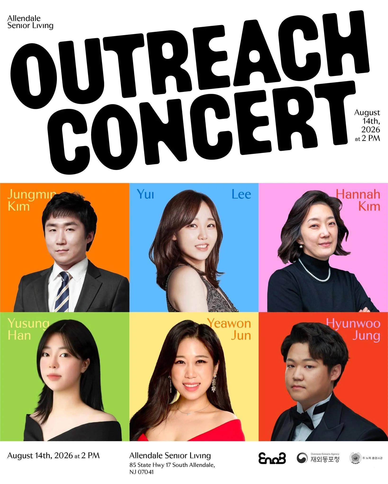 [EnoB NY Outreach Concert 2026.08.14 @ Allendale Senior Living]

오는 8월 14일 금요일 오후 2시, 뉴저지 Allendale Senior Living에서 이노비와 여섯 명의 뮤지션이 함께 마음을 모아 따뜻한 아웃리치 콘서트를 준비했습니다. 이번 무대는 시니어분들께 아름다운 성악과 피아노, 오르간 연주를 통해 따뜻한 위로와 즐거움을 전하는 특별한 시간이 될 예정입니다. 함께하는 모든 분들의 마