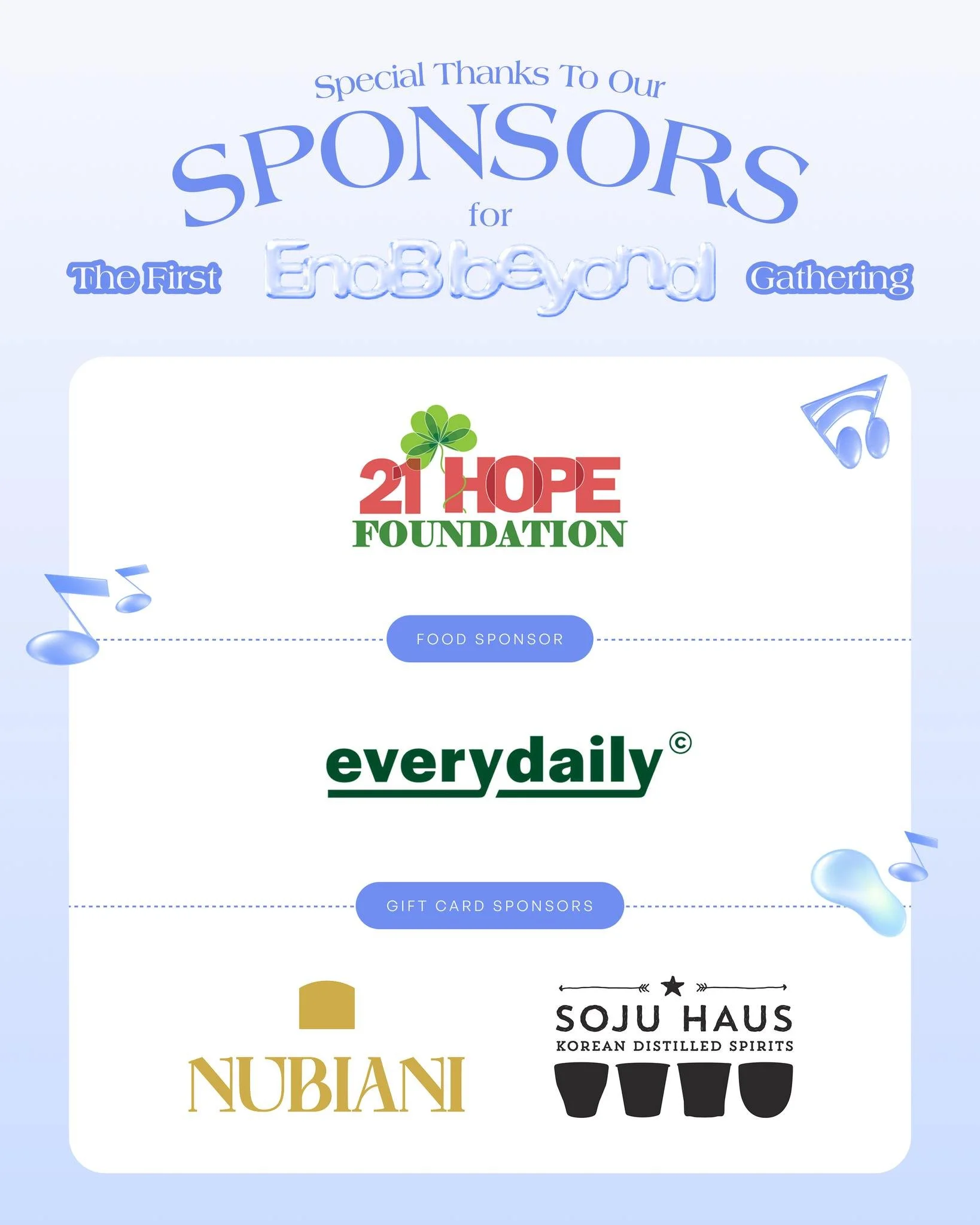 Special Thanks to Our Sponsors!

On August 29, we successfully held EnoB Beyond&rsquo;s very first gathering. We extend our heartfelt appreciation to the generous sponsors who helped make this meaningful event possible.

Special thanks to 21 HOPE FOU