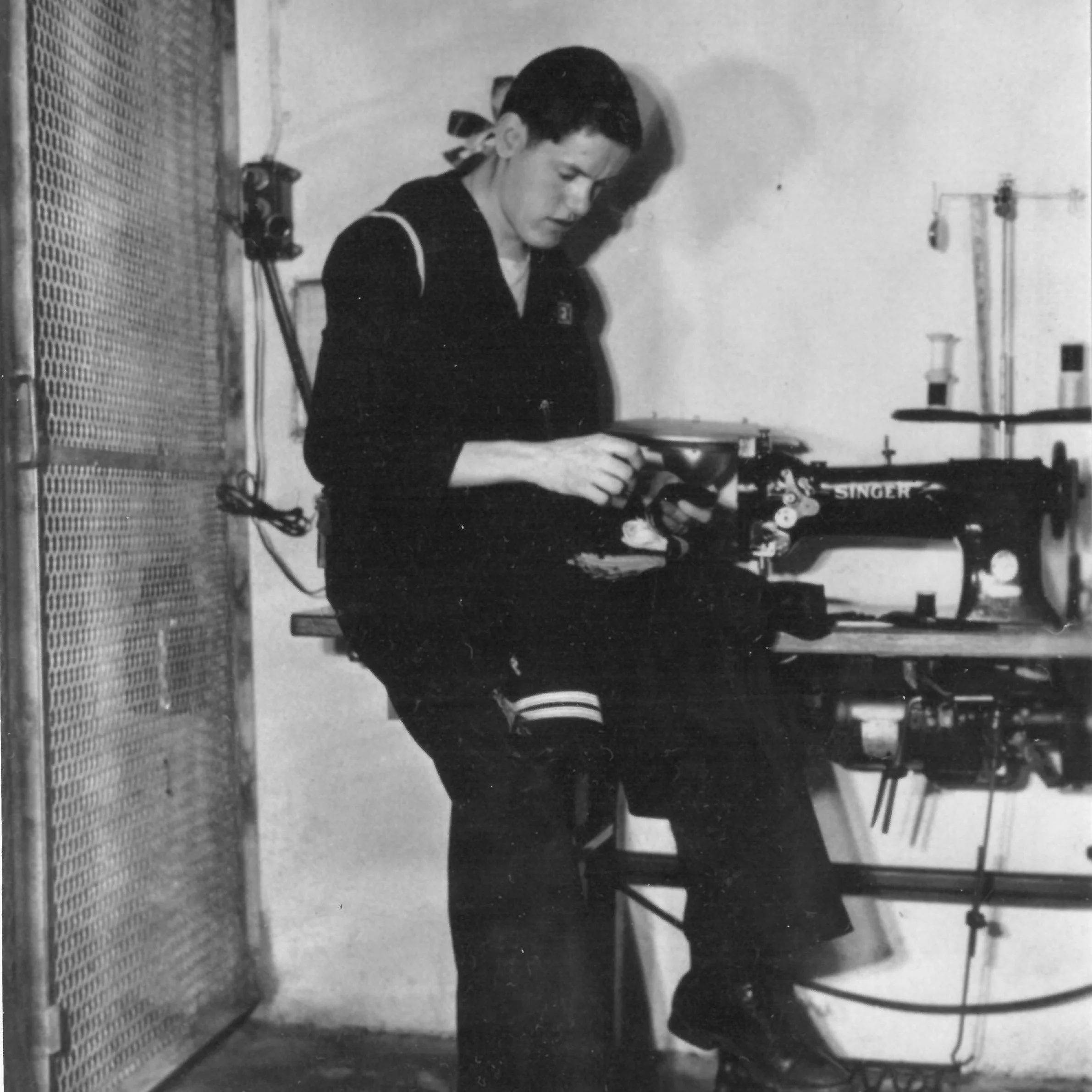 Lindstrom on board the Alabama with his sewing machine.
