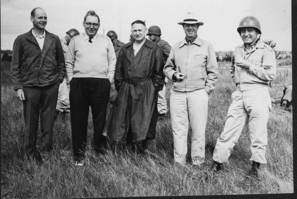 Arthur D. Caswell (middle) at Camp Ripley with local businessmen visiting Anoka National Guard, 1949.