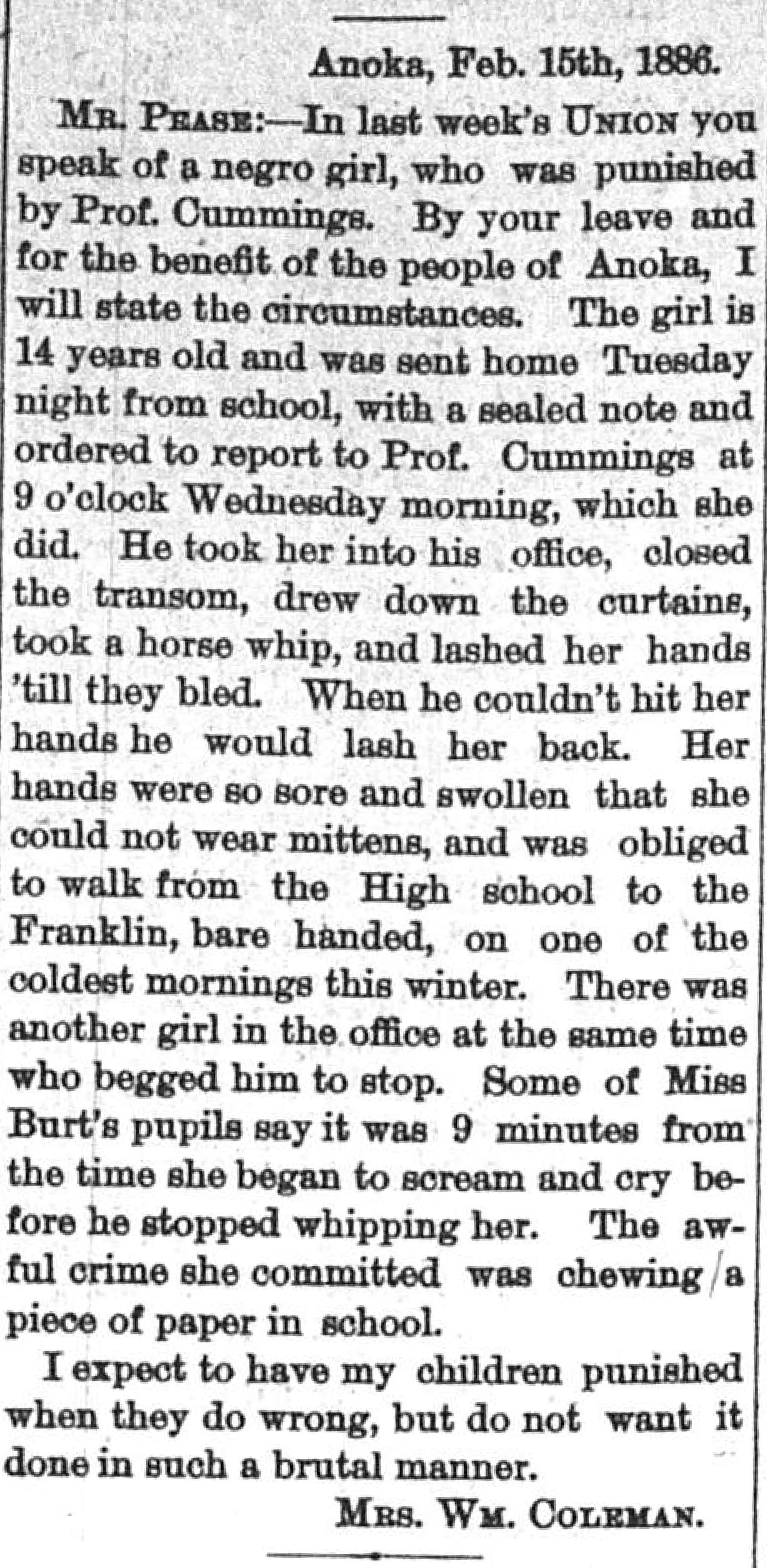 Mrs Coleman's letter as printed in the Union
