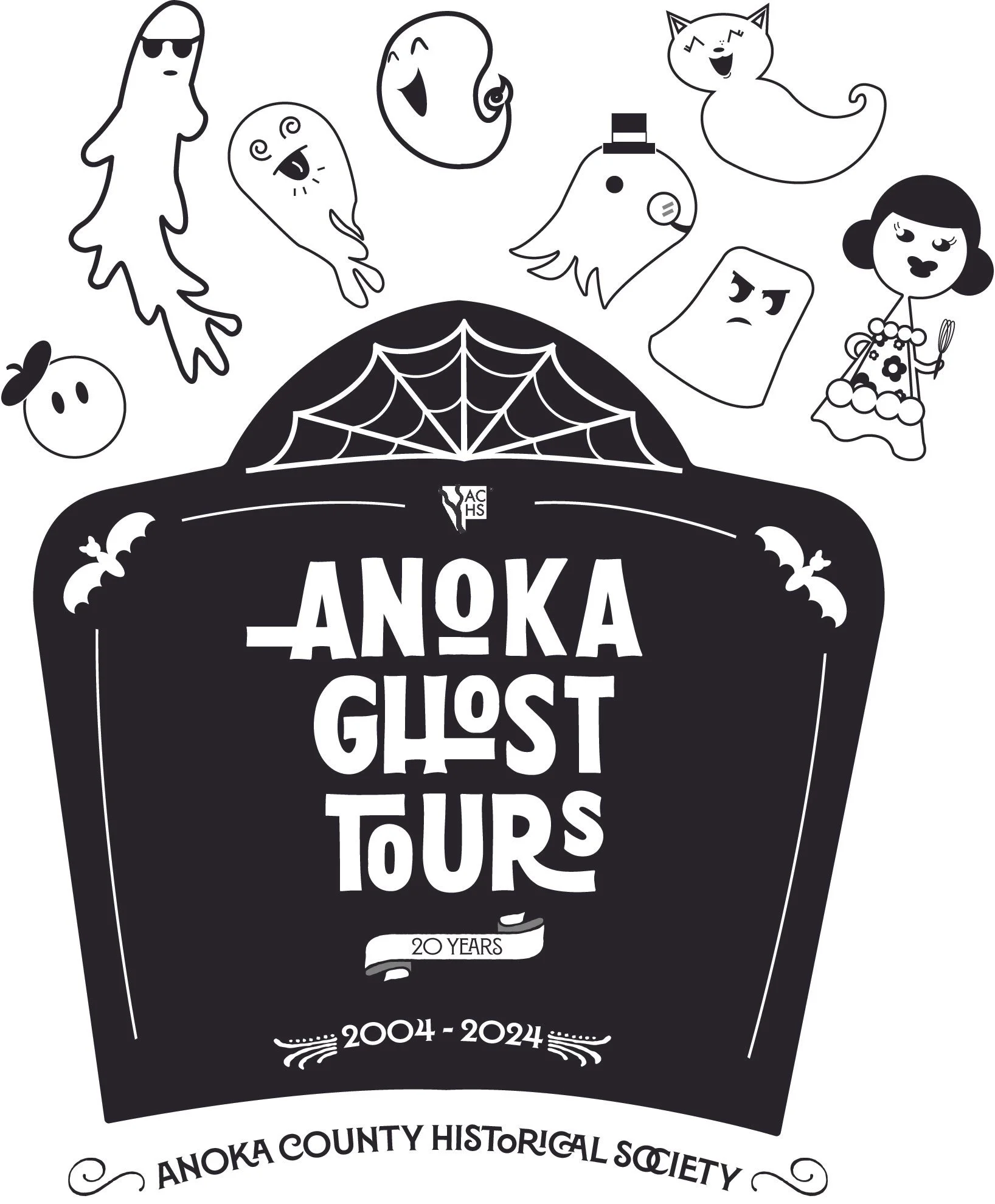 Anoka ghost tour logo with comic ghosts popping out of a tombstone