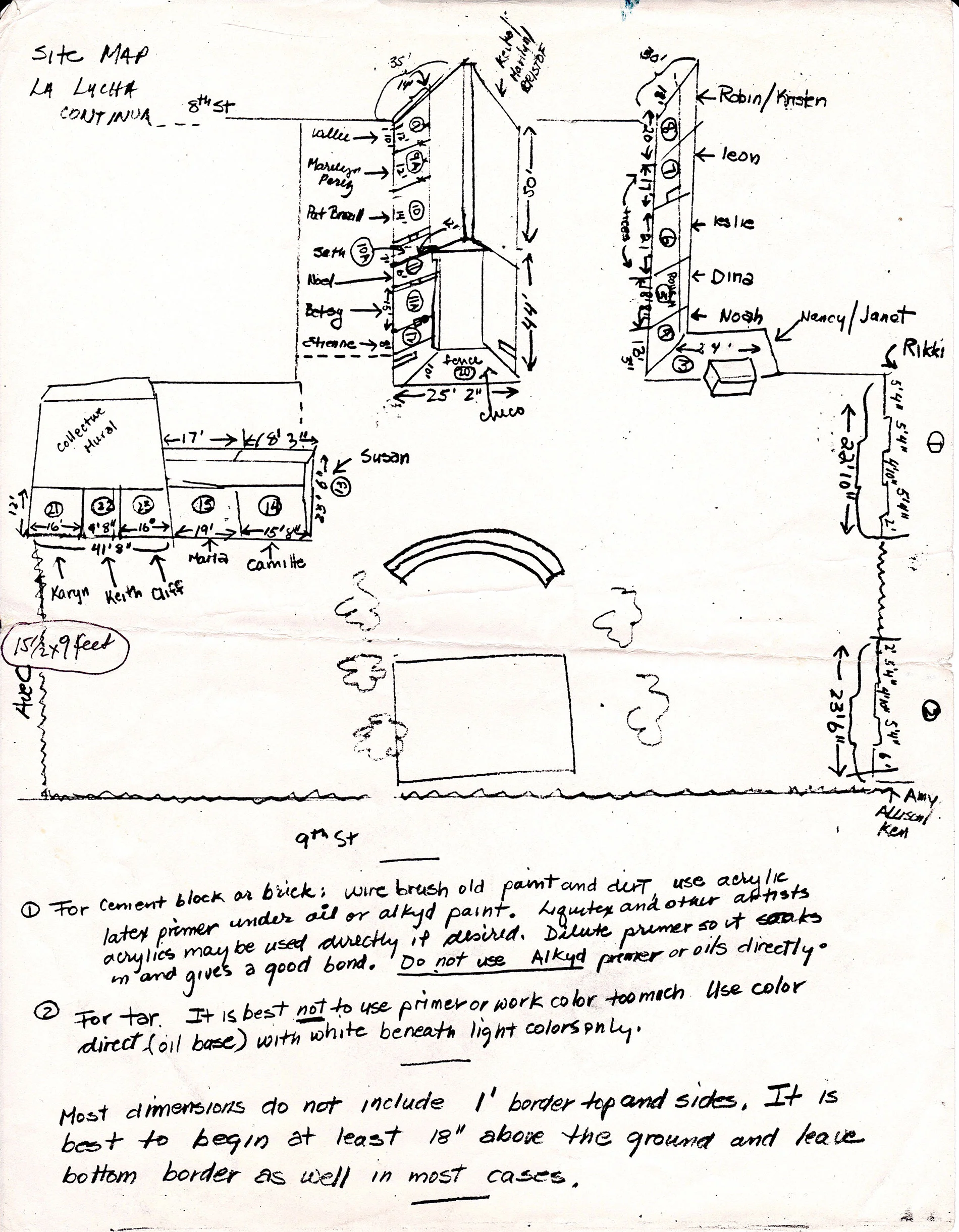 Eva Cockcroft’s final site plan indicating artists’ wall assignments. This plan also notes the wide variety of wall surfaces and what paints should be applied to them. Courtesy of Karin Batten