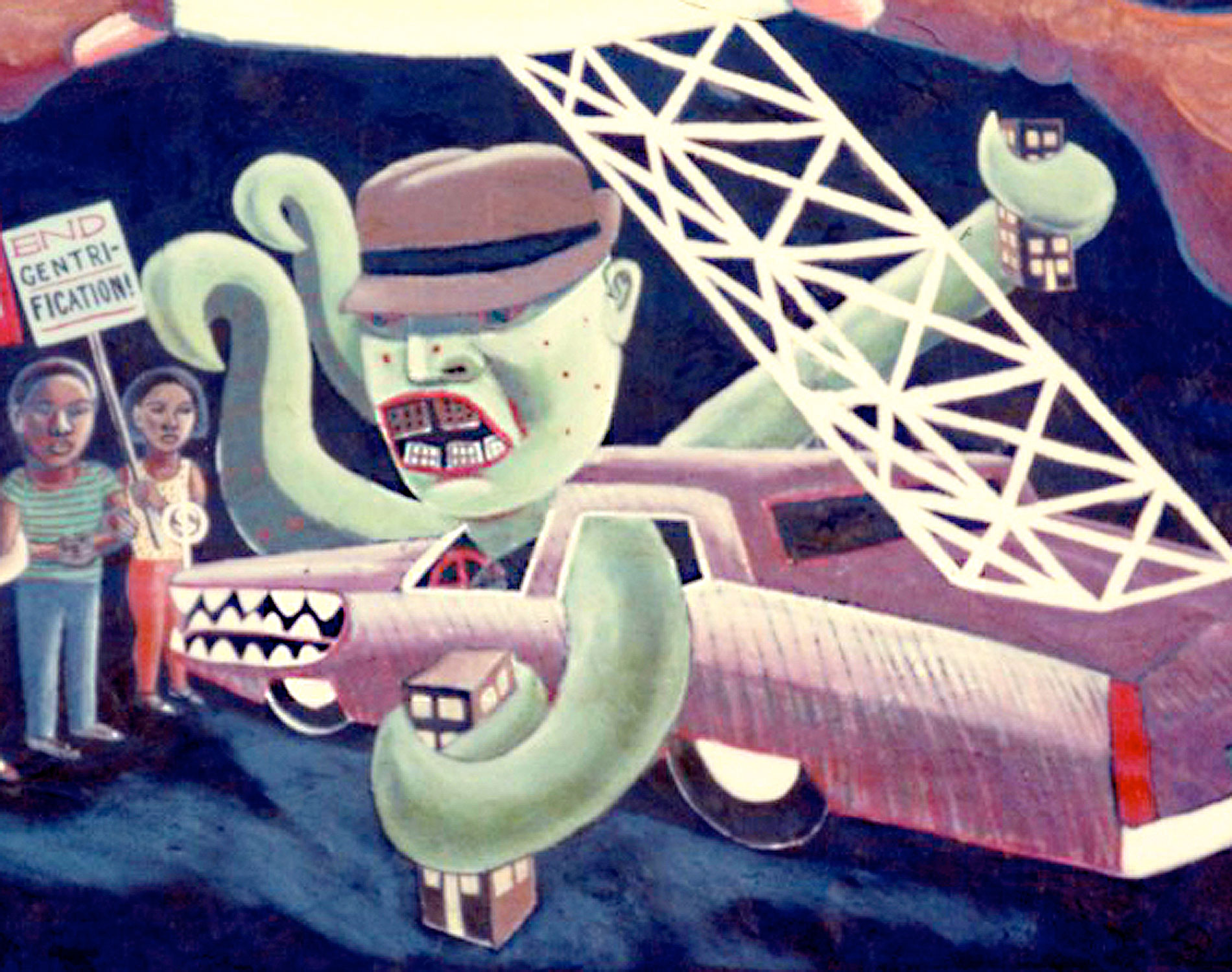  “Octopus Mobster Landlord” by Keith Christensen, detail from  La Lucha Continua  collective mural   Photo © Camille Perrottet    