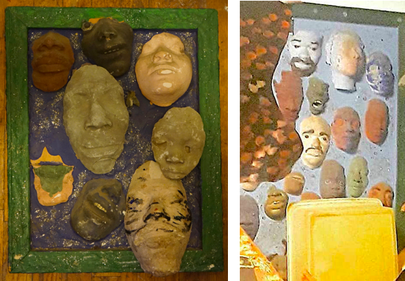  Proposed (left) and final versions of Amir Bey,  Good for One Fare,  plaster-filled molds of friends’ and colleagues’ faces (Niche 9) 