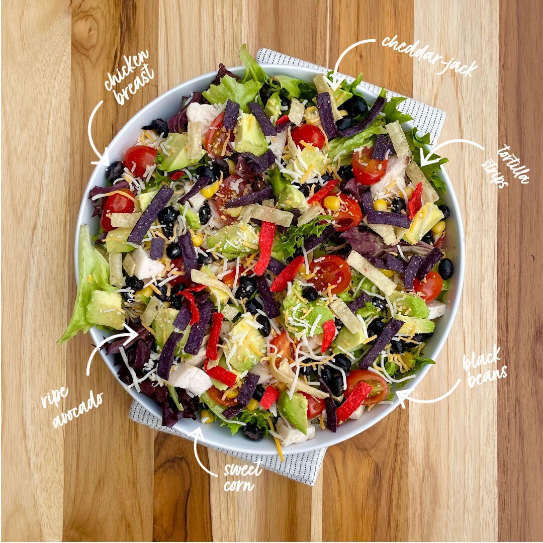 Looking to spice things up a bit for lunch?

Our Fiesta Salad is the perfect way to spice things up while maintaining your goals! Chicken breast, black beans, sweet corn, cherry tomato, ripe avocado, cheddar-jack cheese and tortilla strips on a bed o