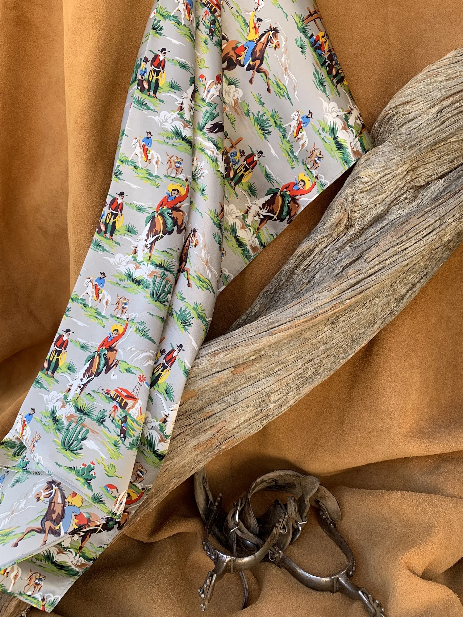 Gray Vintage Cowboy Charmeuse Silk Wild Rag