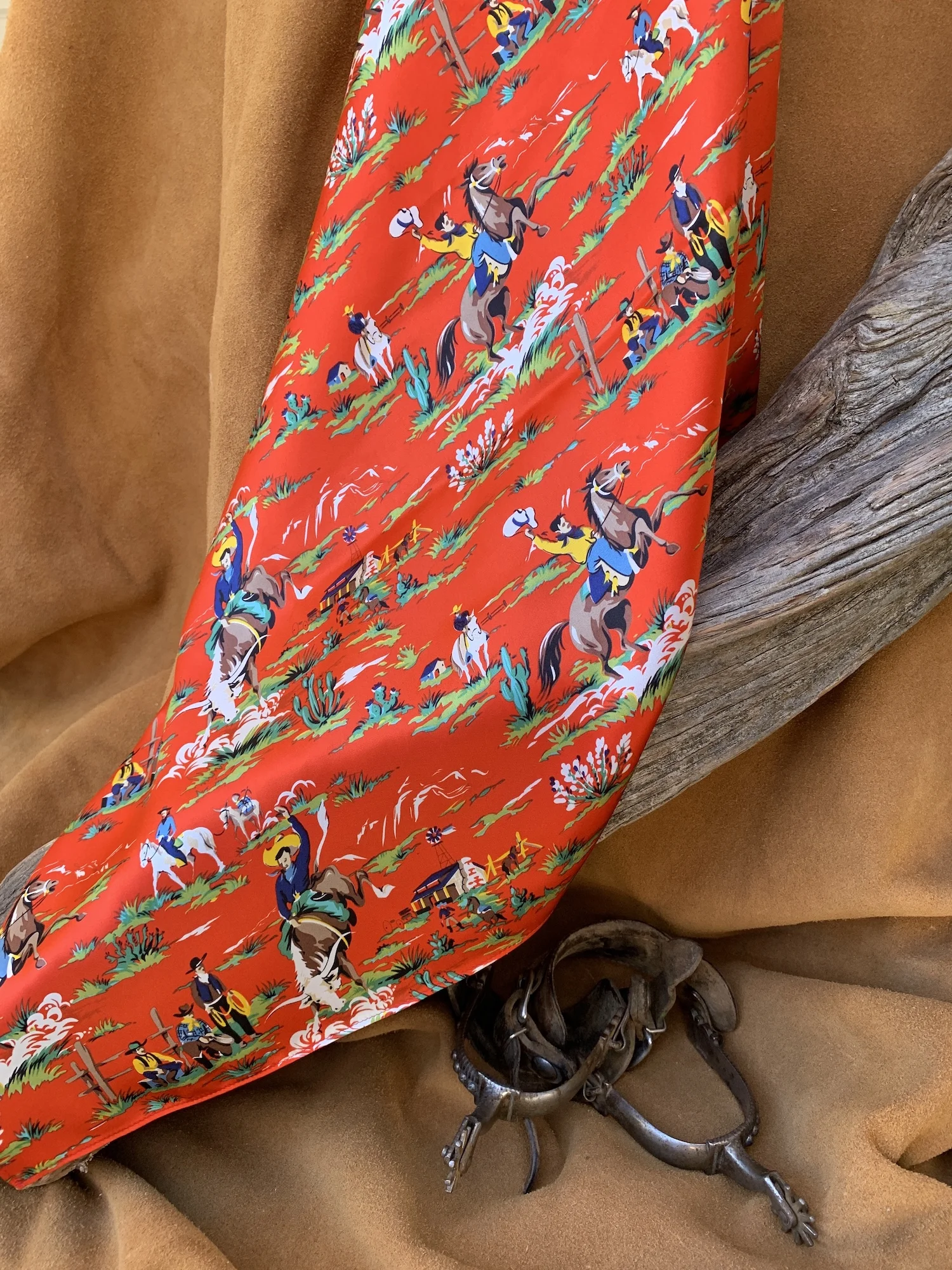 Red Vintage Cowboy Charmeuse Silk Wild Rag