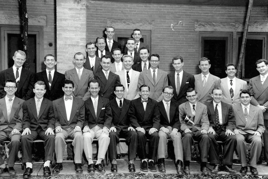 Between 1928 and 1946, the Tejas Club experienced some of its most prosperous years despite the adversities of the Great Depression and the Second World War. During this period there were at least three Daily Texan editors, four head cheerleaders, four presidents of Alpha Phi Omega, and braves in the Silver Spurs and Friars. As far as student government, the club almost always had one brave involved each year. (At times there were as many as four.) One out of every three Student Association presidents during this period was a Tejas brave. Academically, the Tejas Club was always near the top. In the thirty-two years between 1933 and 1966 when the university monitored GPA of student organizations, the Tejas Club never ranked below sixth place. On eight occasions, the Tejas Club had the highest GPA of any student organization, male or female. This era of incredible academic and political success was not without its share of hard times. During the thirties the Tejas Club, along with everyone else, had slipped into the depression. At times the club was so stretched for money that they were forced to borrow from a local bank to pay the rent. Between classes, most of the braves worked at least one job to earn extra cash. The Second World War was also a time of extreme difficulty for the Tejas Club. Many of the braves were drafted and at one time the club only registered nine members. Four braves were killed in action serving their country in WWII. Despite the hardships, four Tejas braves served as Student Association president between 1943 and 1947. The United States and the Tejas Club made it through the war but rough times were still ahead.