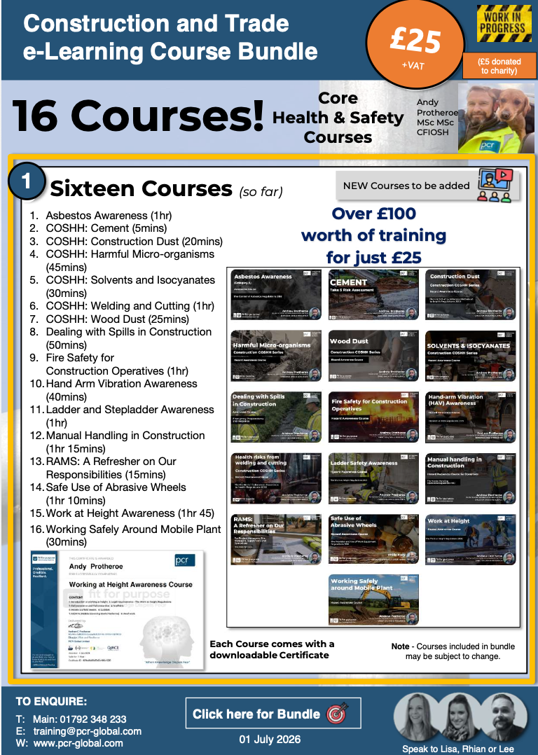 Advertisement for construction and trade e-learning course bundle featuring 16 health and safety courses, pricing details, and contact information.