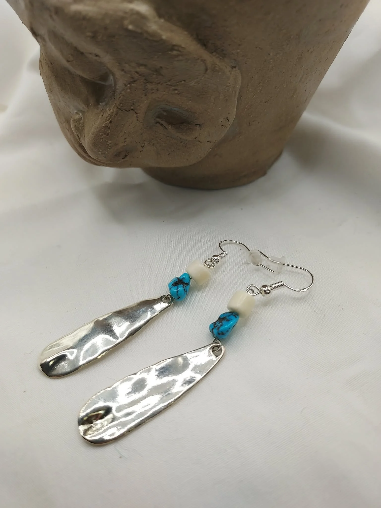 Silvery Earrings with Agate and Tiny Turquoise beads, 2" in length