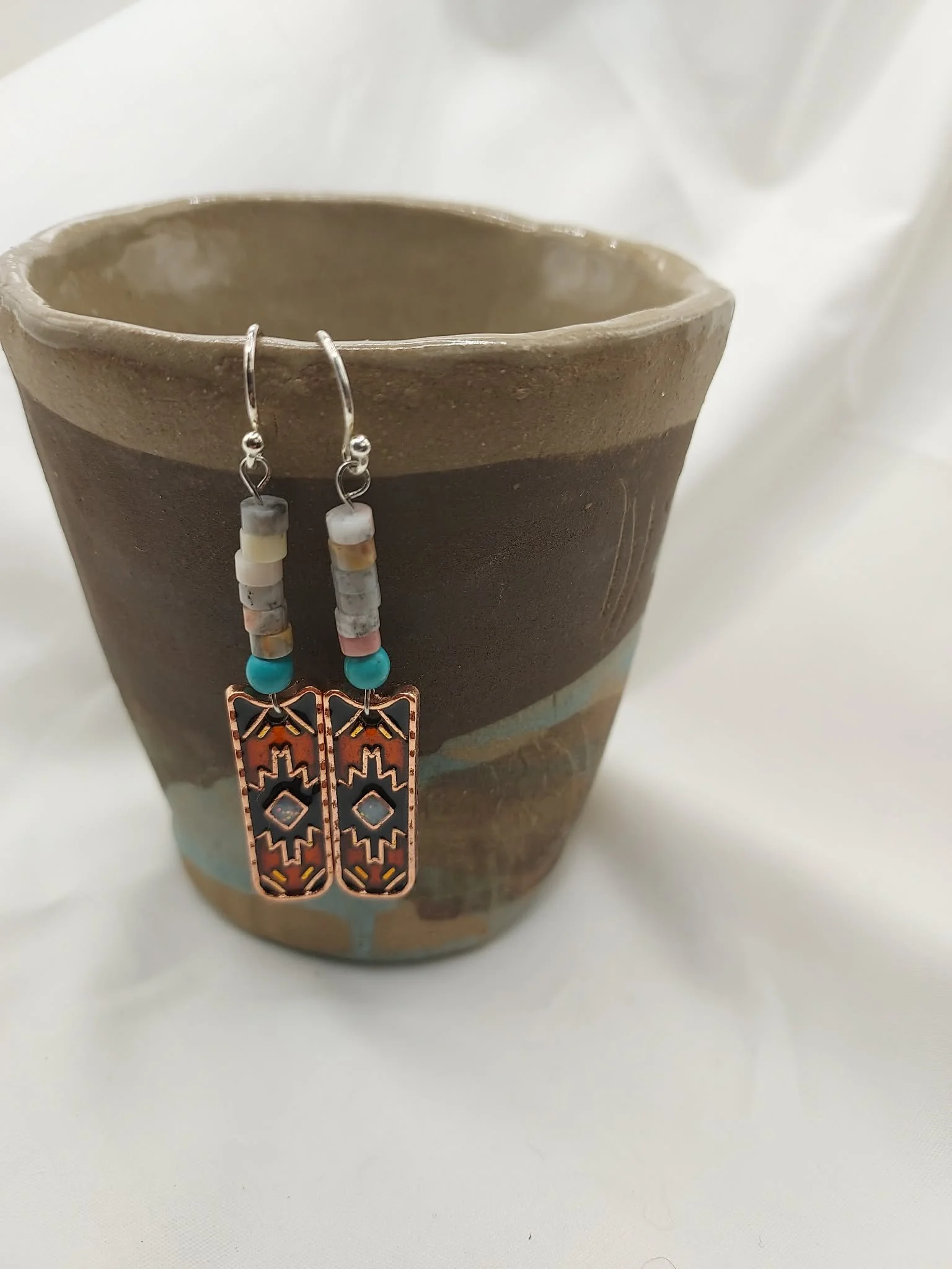 Southwestern Design earrings with ceramic and agate beads, 1 1/2"