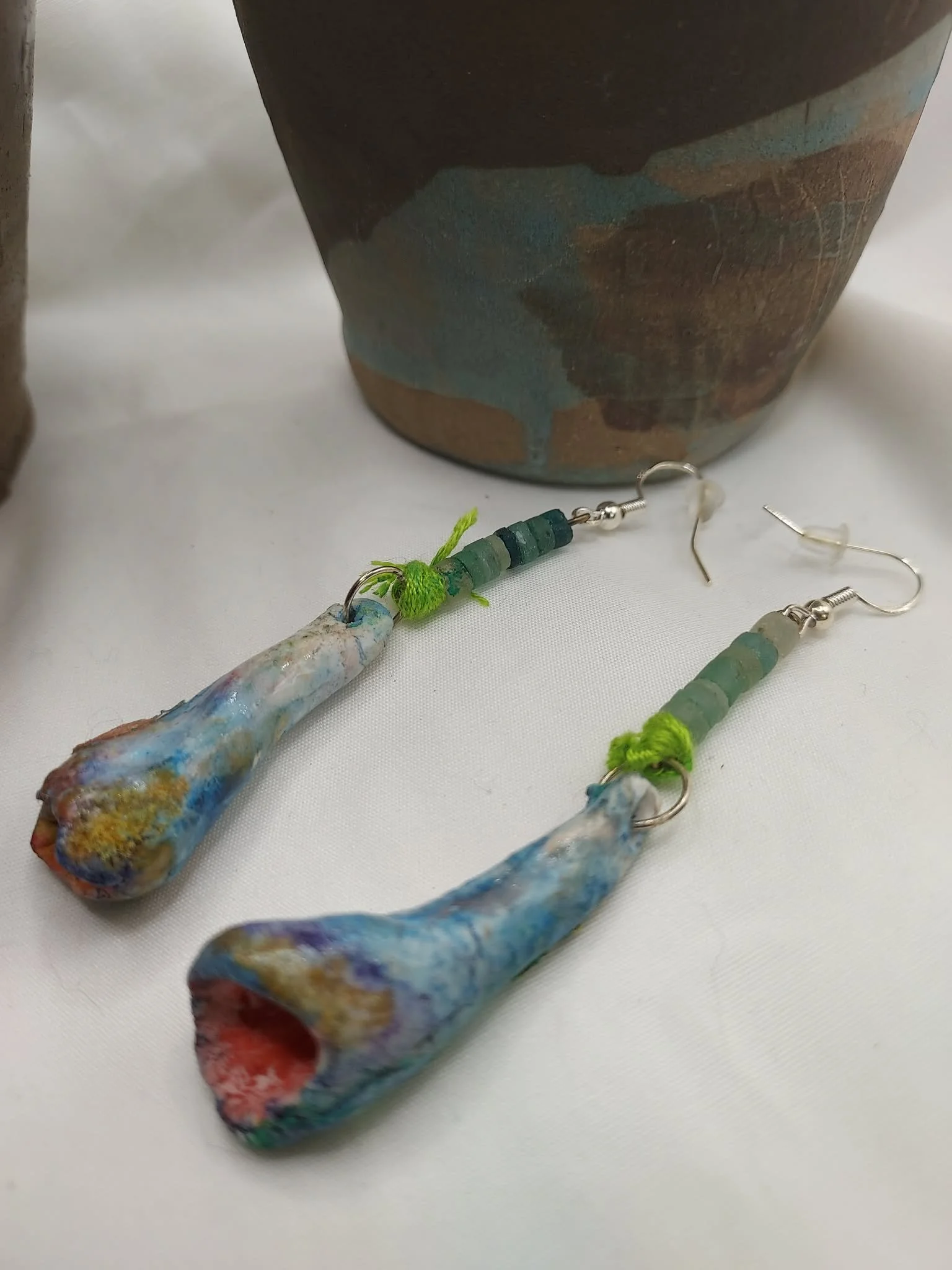 Handmade porcelain earrings with Roman Glass Beads, 2 1/2"