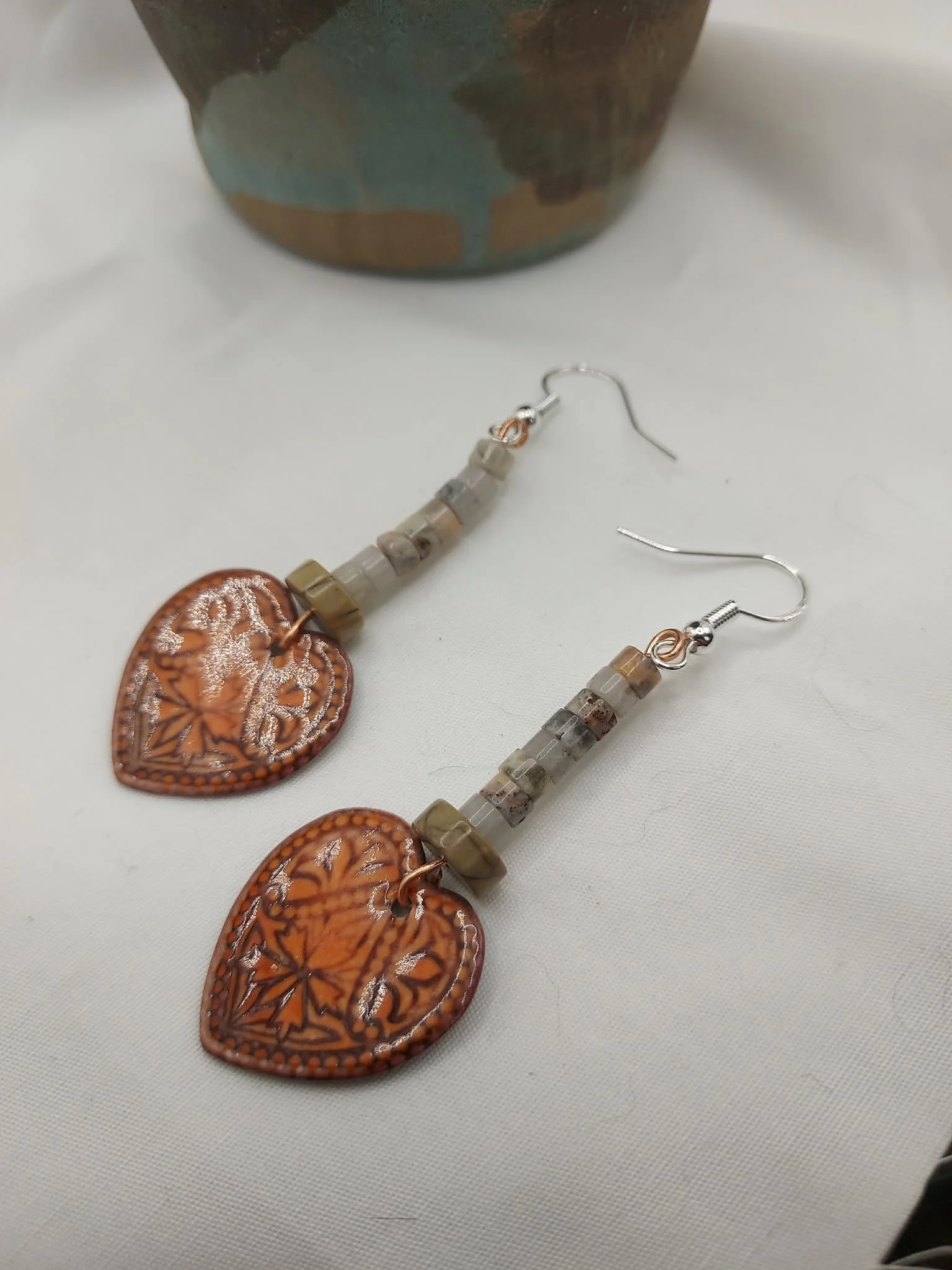 Enamel Heart earrings, 2 1/2"