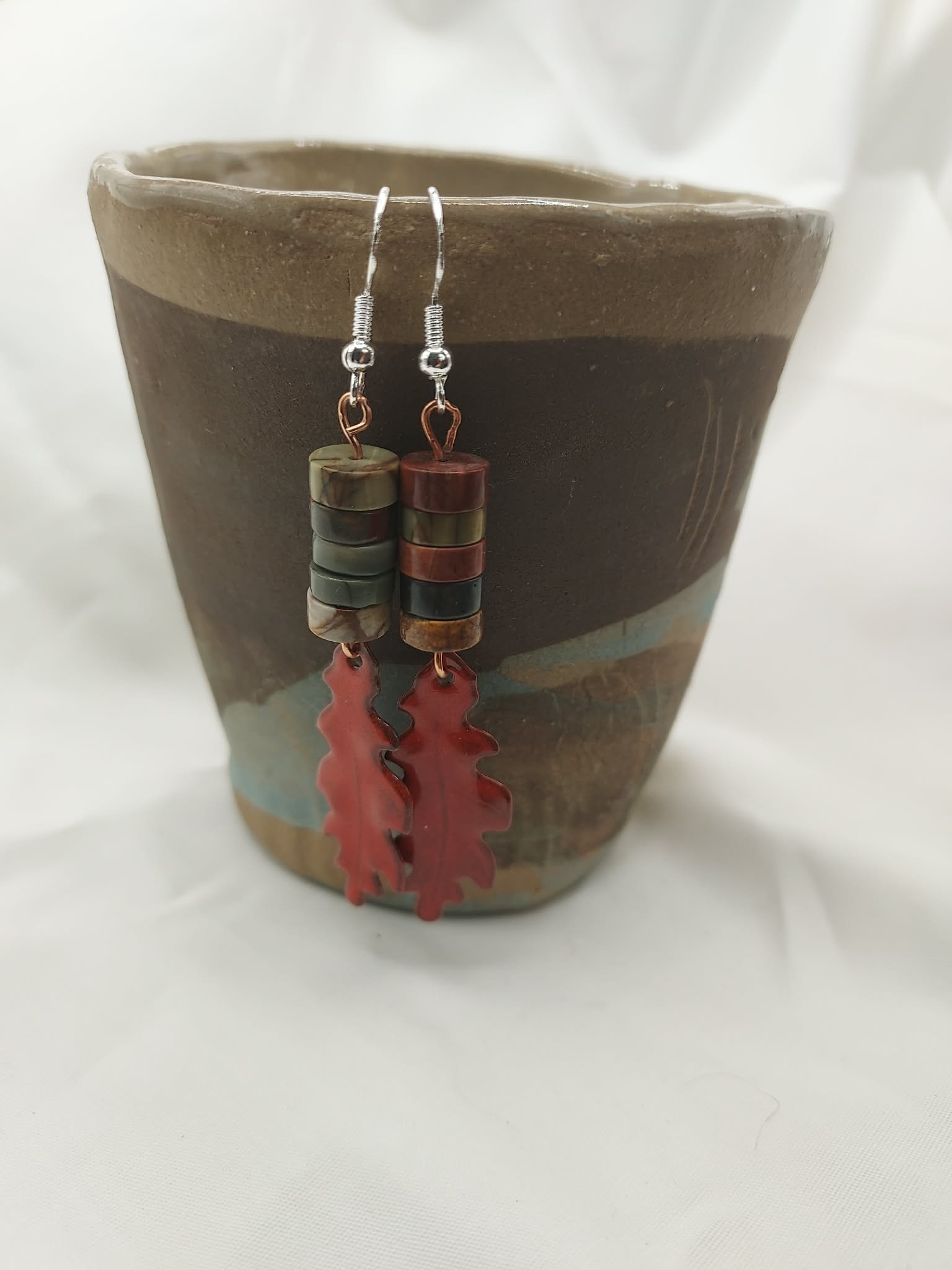 Enameled Red Leaves and Agate Earrings