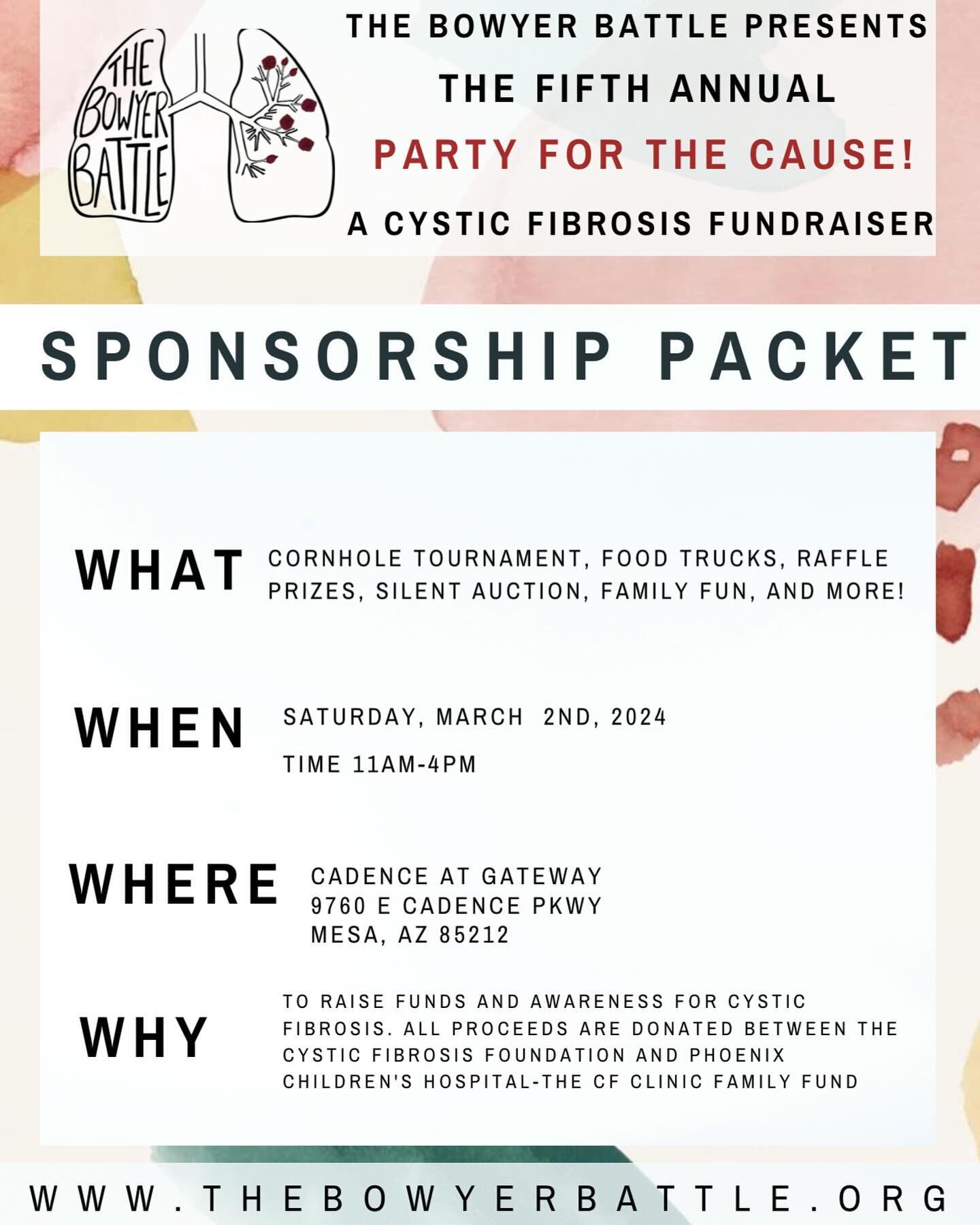 Get your sponsorships in NOW for the 2024 PARTY FOR THE CAUSE! Help spread the word &amp; bring new faces into our community. 

Cystic Fibrosis can&rsquo;t be beat alone &amp; we can&rsquo;t do it without all of you! We can&rsquo;t wait to see our li