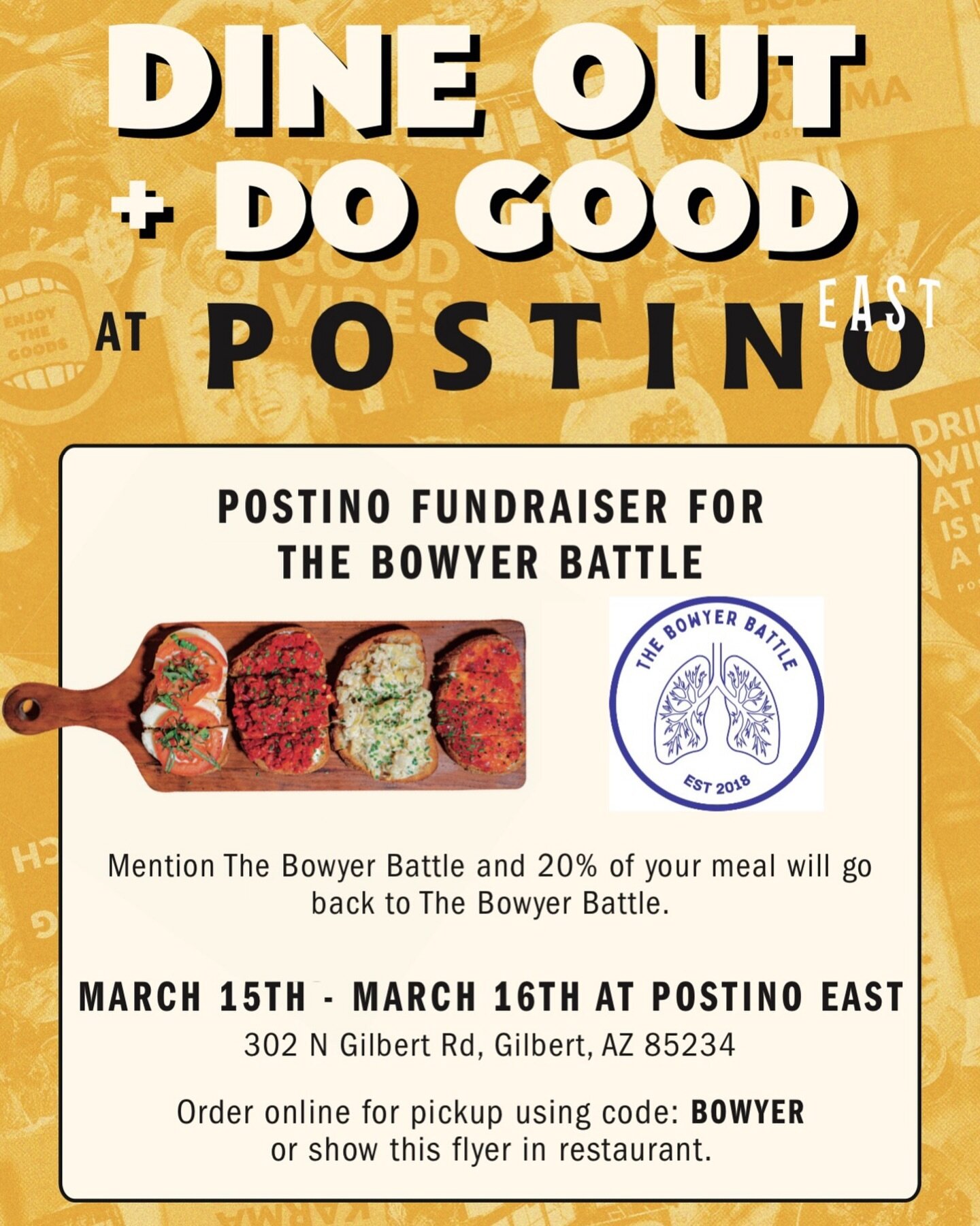 Who doesn&rsquo;t love an excuse to socialize, wine, dine &amp; give back all at the same time?! This Friday &amp; Saturday, Gilbert @postinowinecafe is giving back 20% of your entire bill when you mention THE BOWYER BATTLE. 

Happy noshing friends!