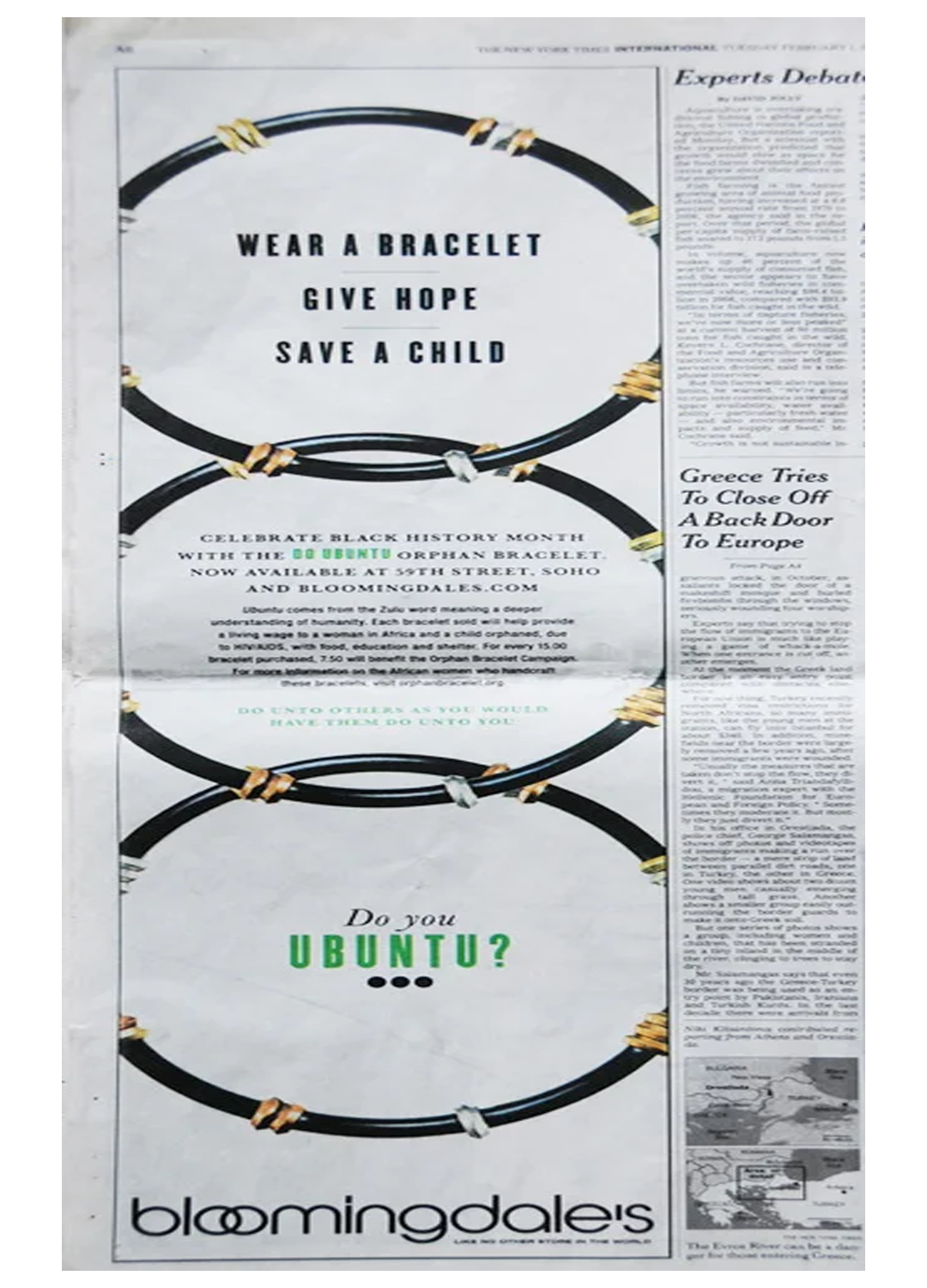 Poster promoting Black History Month and Ubuntu jewelry, featuring three black bracelets with gold accents and a call to wear a bracelet to give hope and save a child, with details about purchasing the bracelets and a message about Ubuntu.