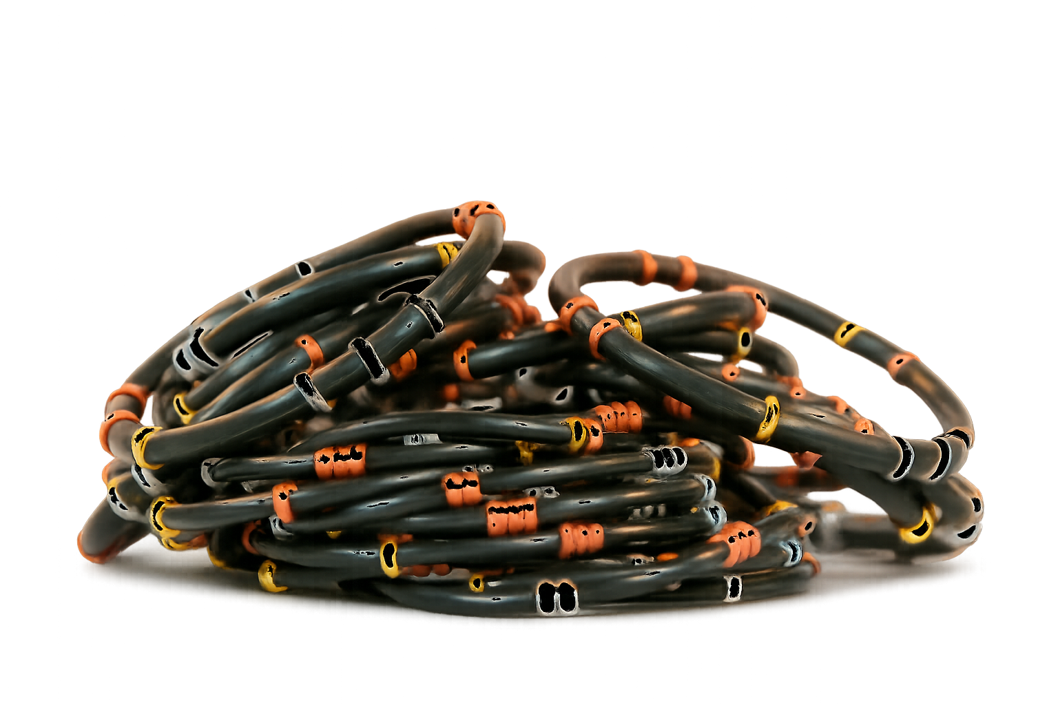 Close-up of stacked black coil bracelets with copper, brass, and silver beads, handcrafted for the Ubuntu charity bracelet campaign supporting children.