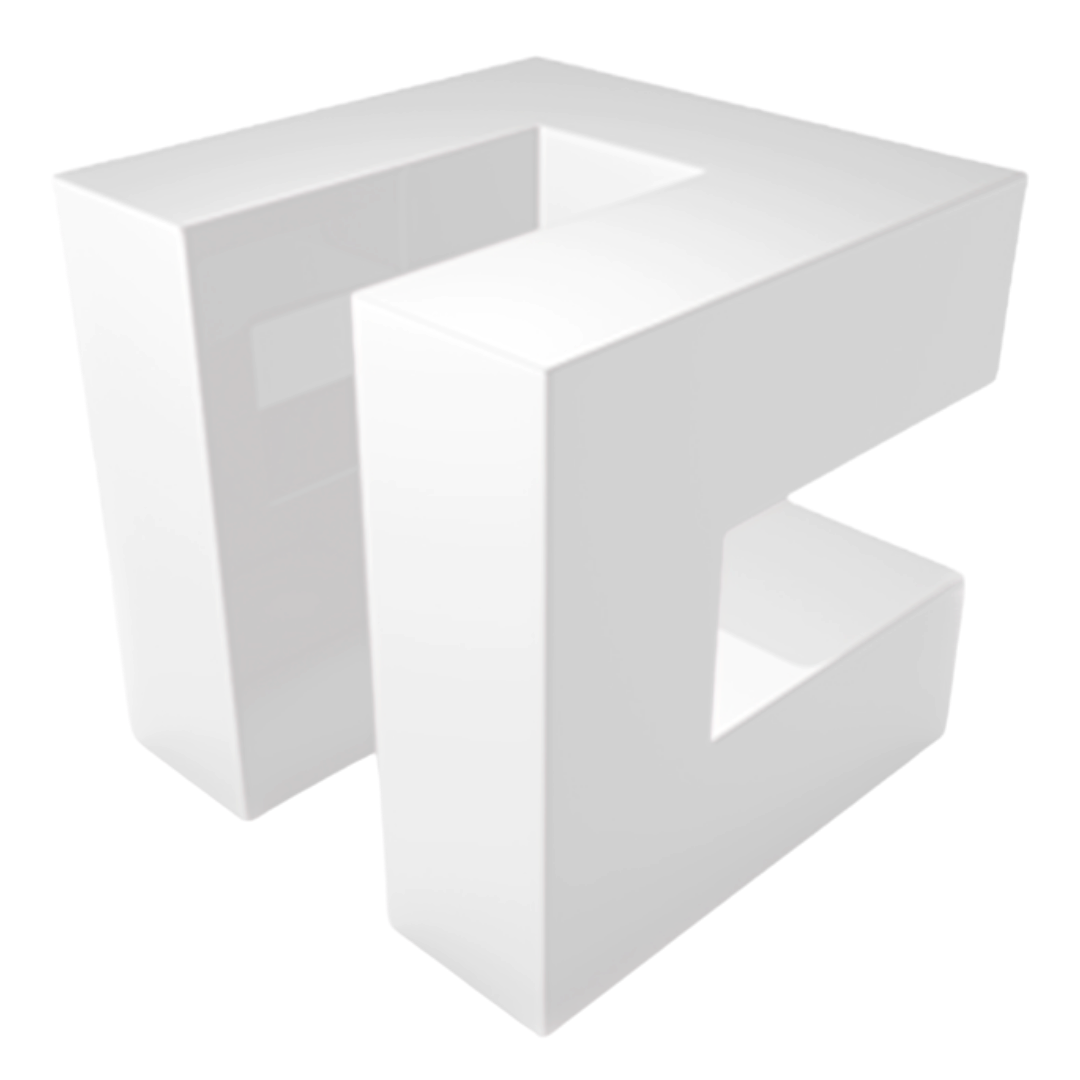 3D letter 'E' with a black interior and white exterior, viewed from an angle.