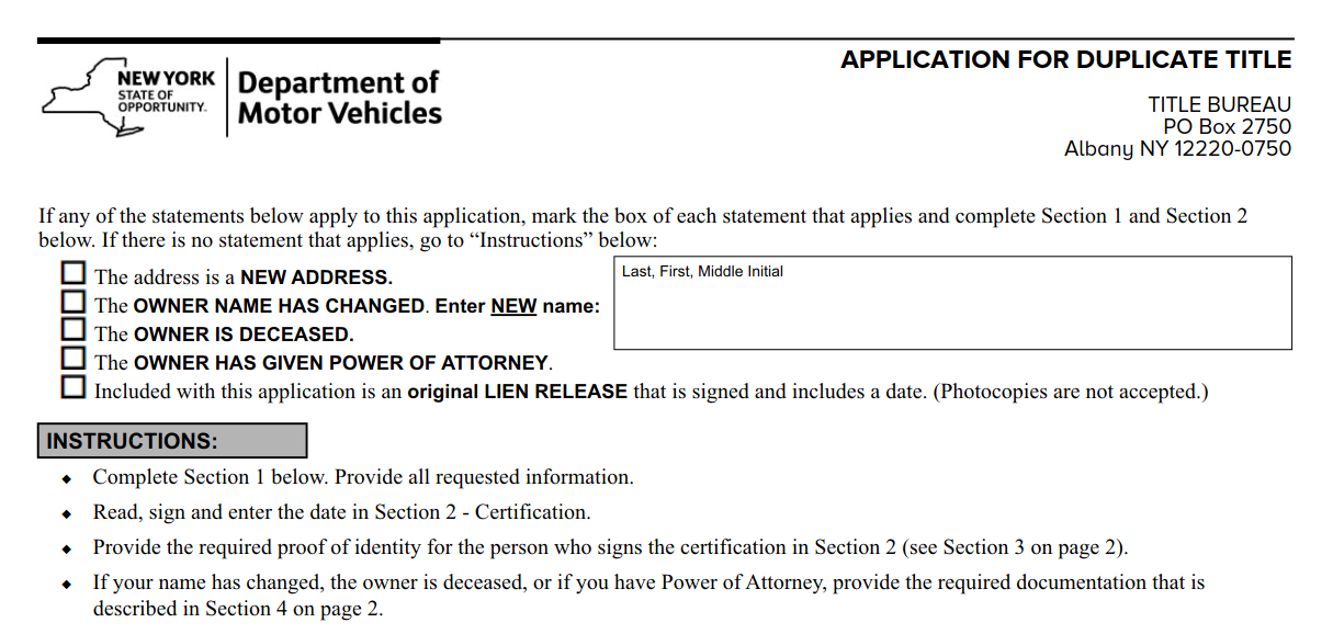 MV-902 : Application for Duplicate Title Form