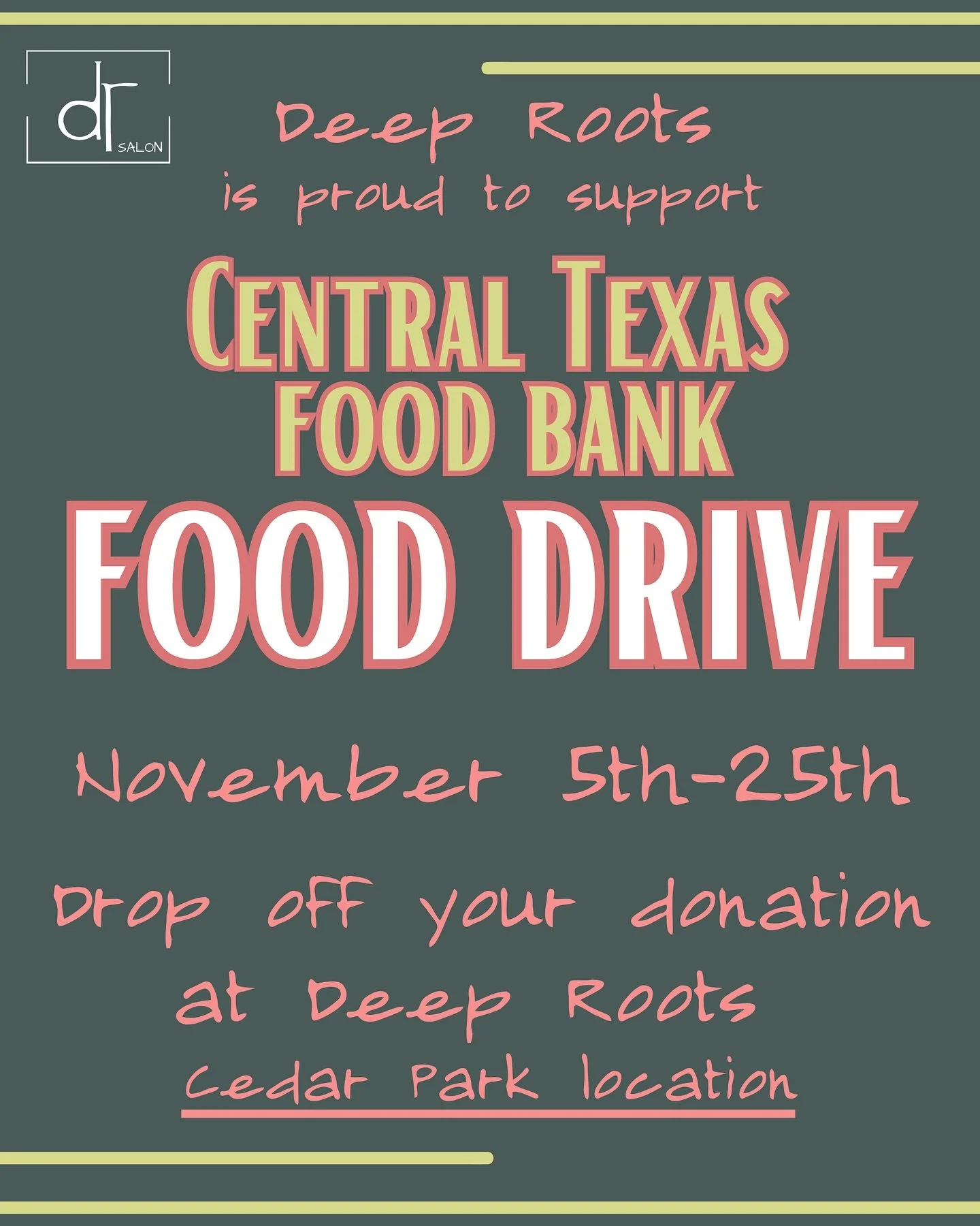 Deep Roots Community Food Drive 🌽

We&rsquo;re grateful to announce our Community Food Drive! Together, we can make a meaningful difference.  Your donations are welcome at our Cedar Park location.  Drop offs must be received by Nov. 25th.

Your gene