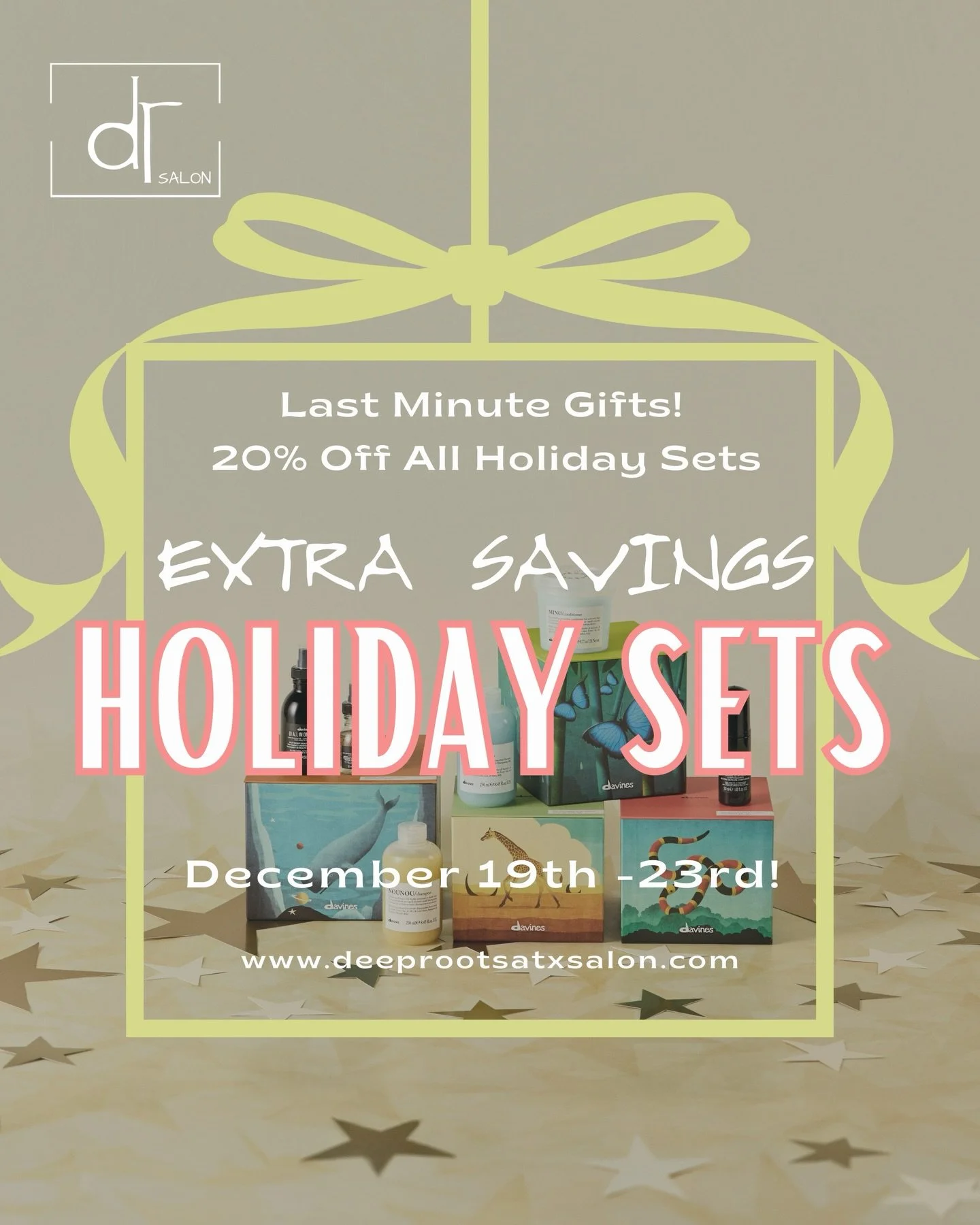 Starting today through Dec. 23rd ✨

20% off of all our @milbonusa and @davinesnorthamerica HOLIDAY SETS 🎅

That huge savings and there aren&rsquo;t many left so head to any one of our three salon locations:

🎄 Austin 360
🤶 Bee Cave
🎁 Cedar Park

