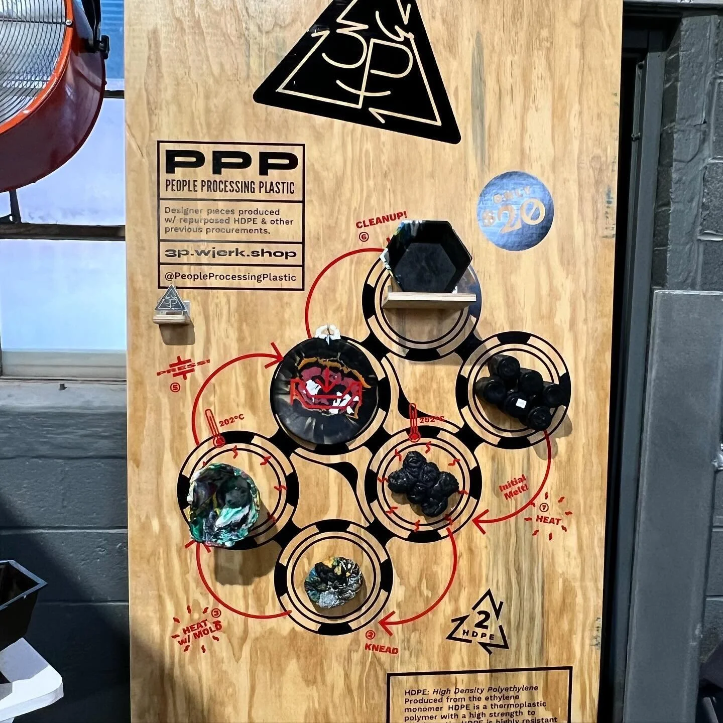 We mostly finished our sales and infographic wall. Learn a little bit about HDPE and how we turn old plastic into something new!