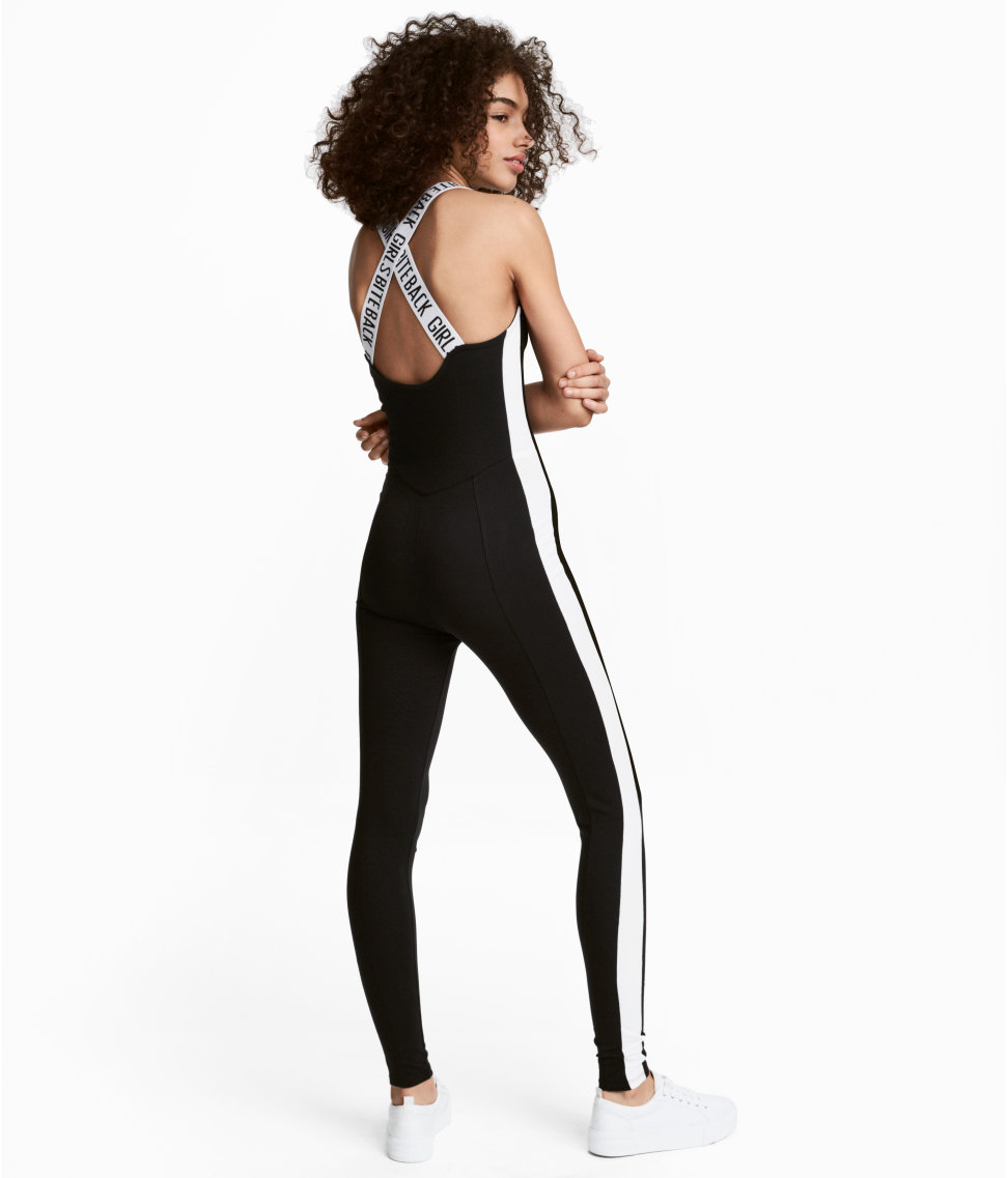  Jersey catsuit with with sporty detailing and elastics with text  