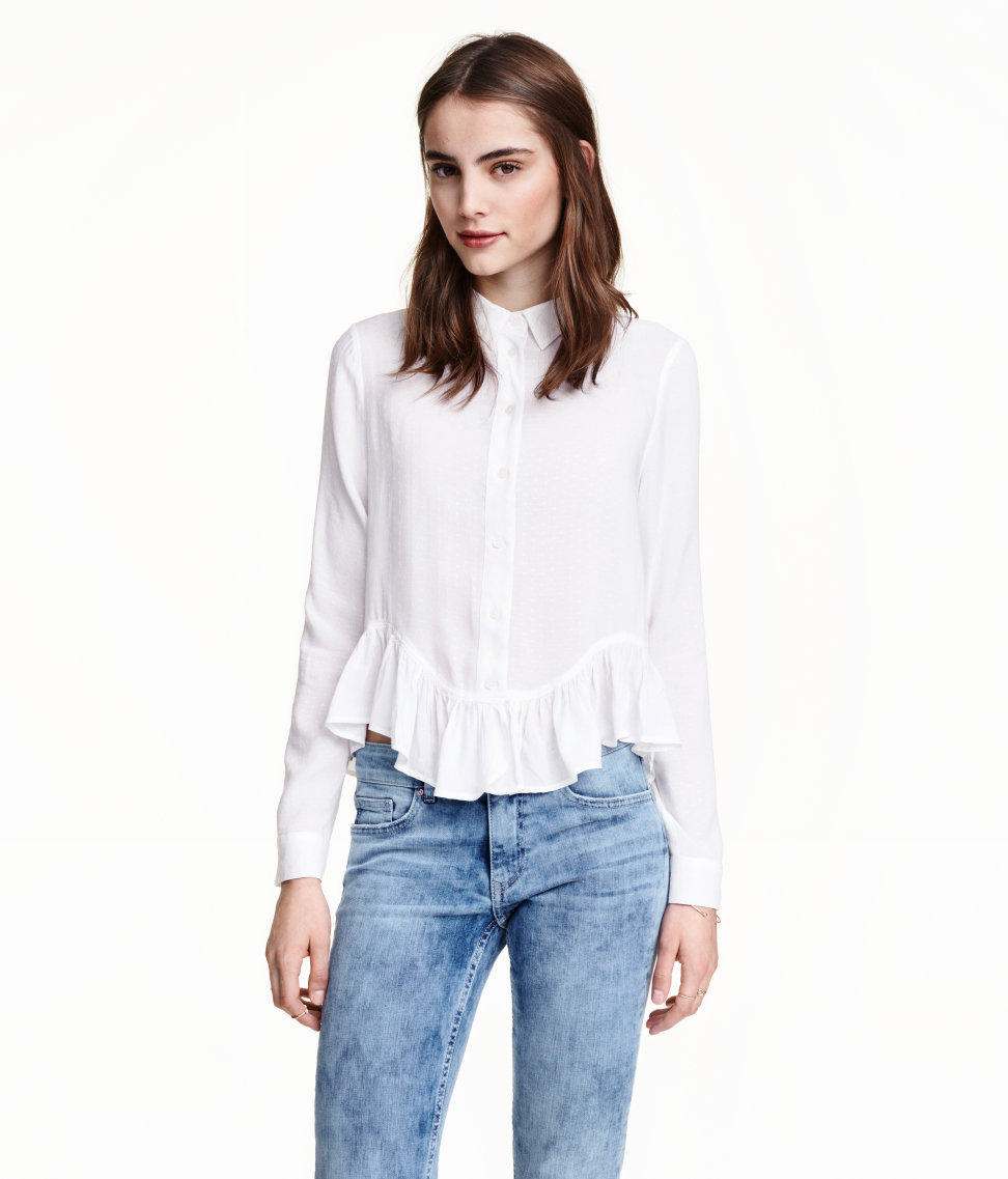  Woven blouse in dobby fabric and shaped hem with frill 