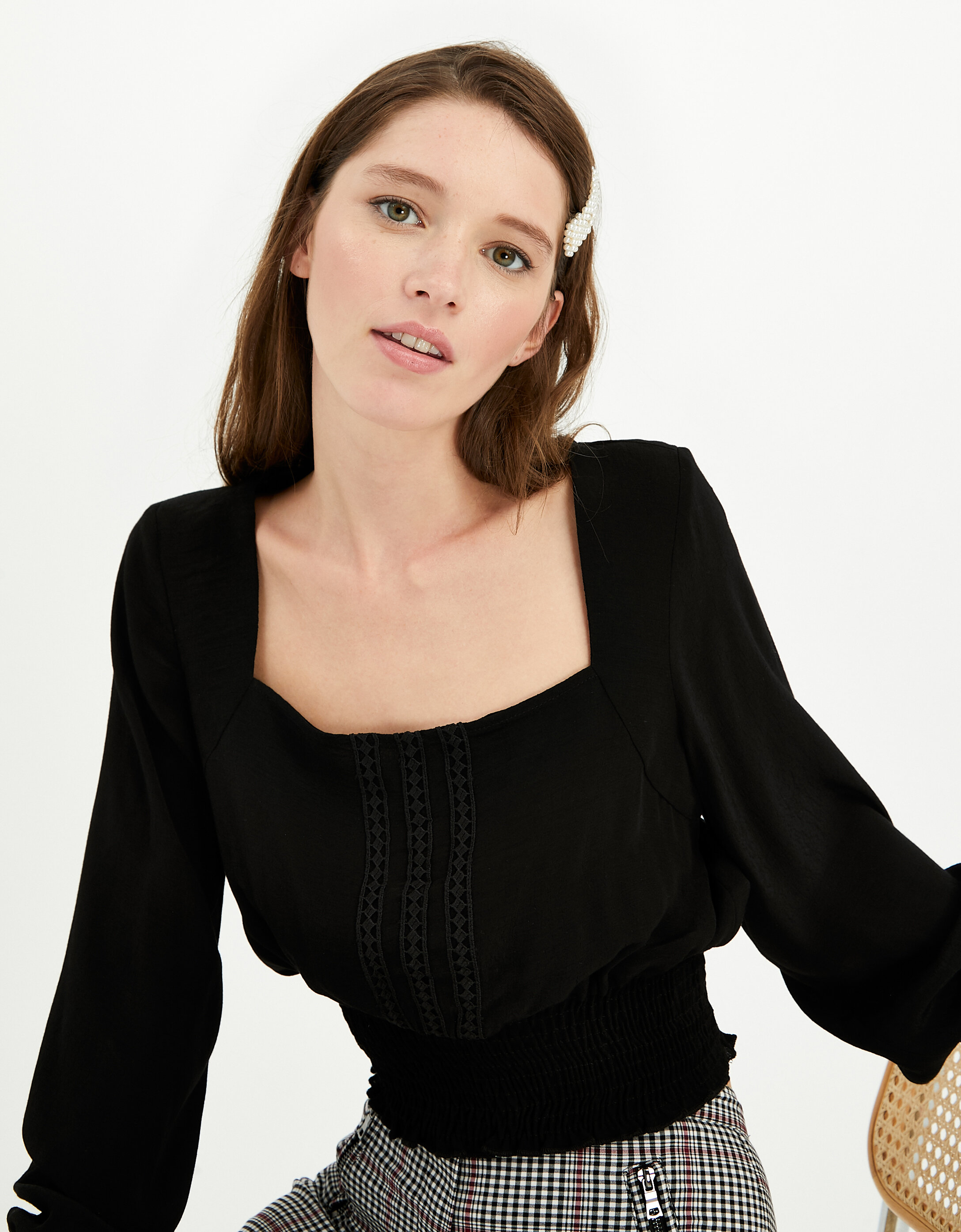  Woven blouse with squared neckline, crochet trim details and open back 