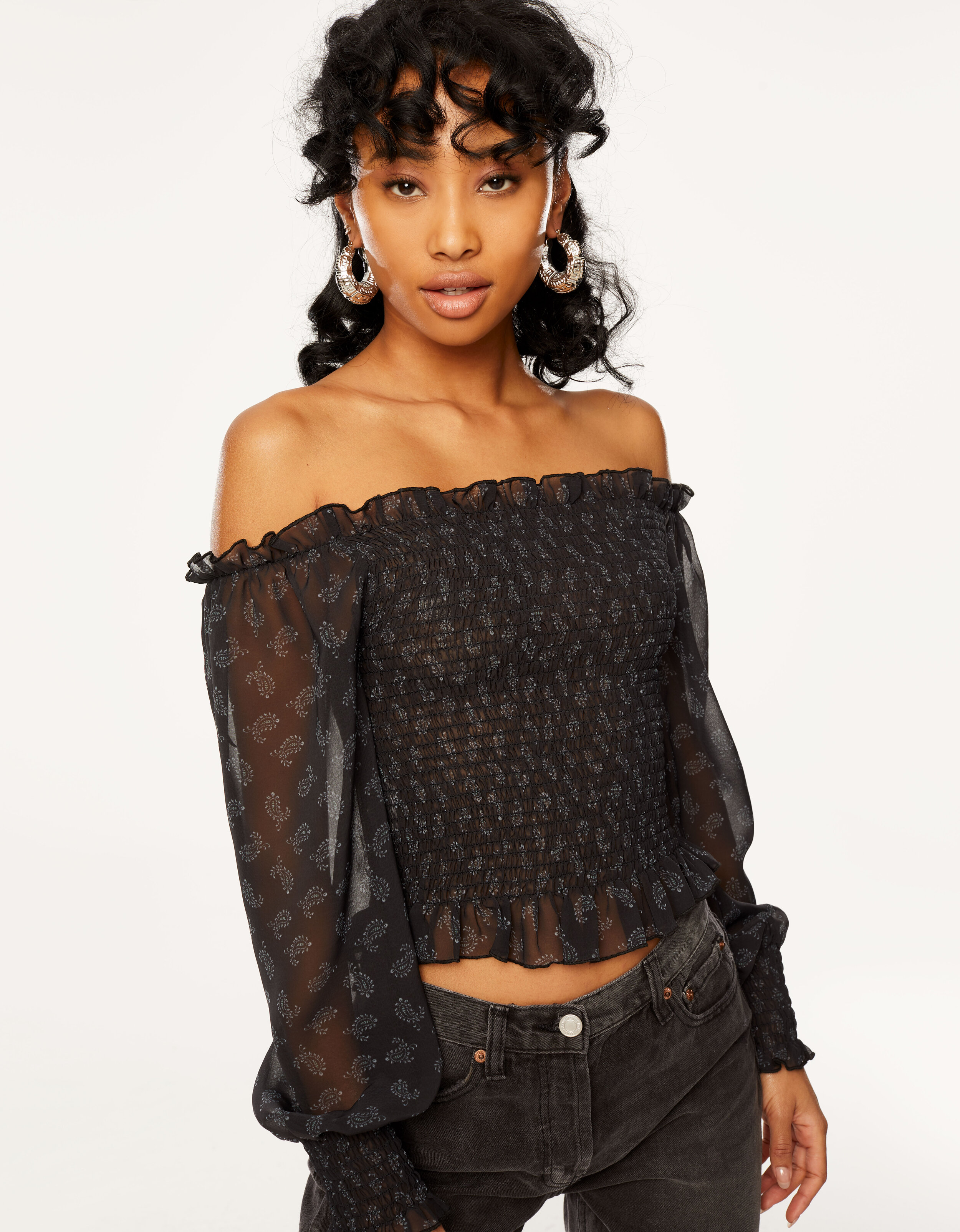  Chiffon off-shoulder top with balloon sleeves and smock body 