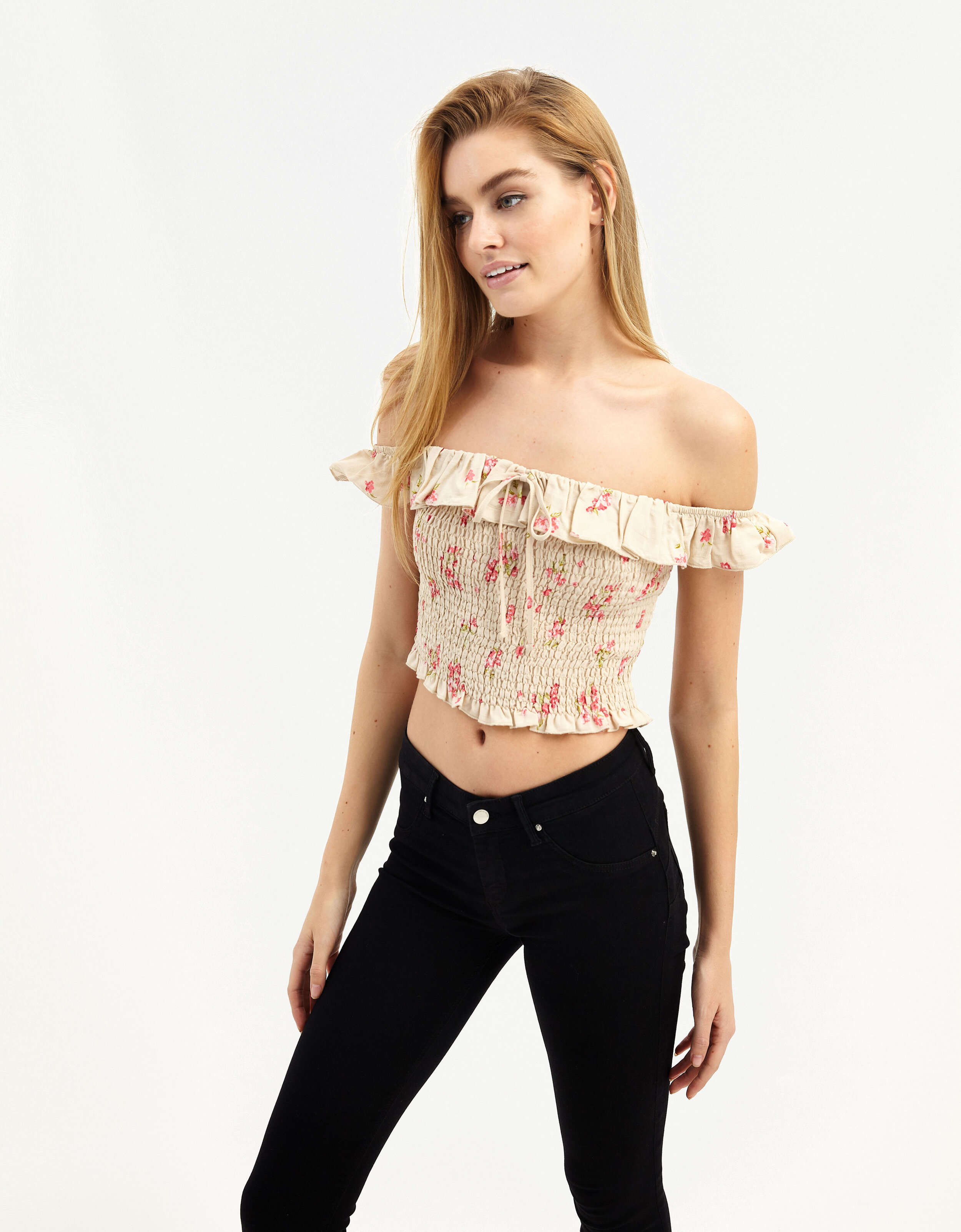  Cropped offshoulder top in all over smock and frill sleeves 