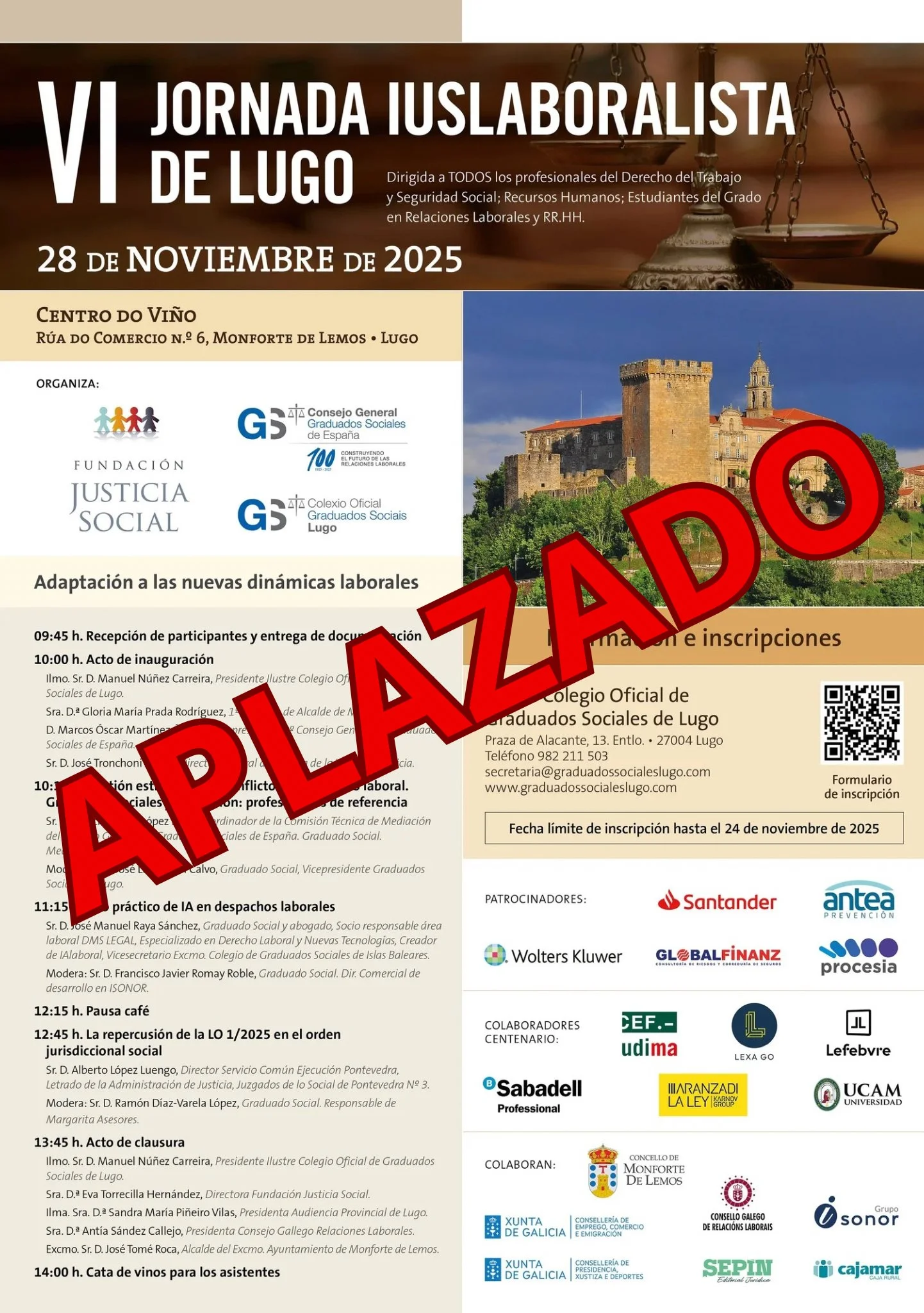 APLAZAMIENTO VI JORNADA IUSLABORALISTA DE LUGO