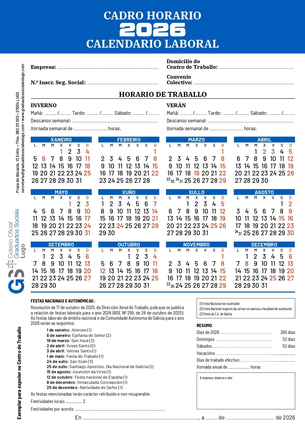 CALENDARIO LABORAL 2026 GS LUGO