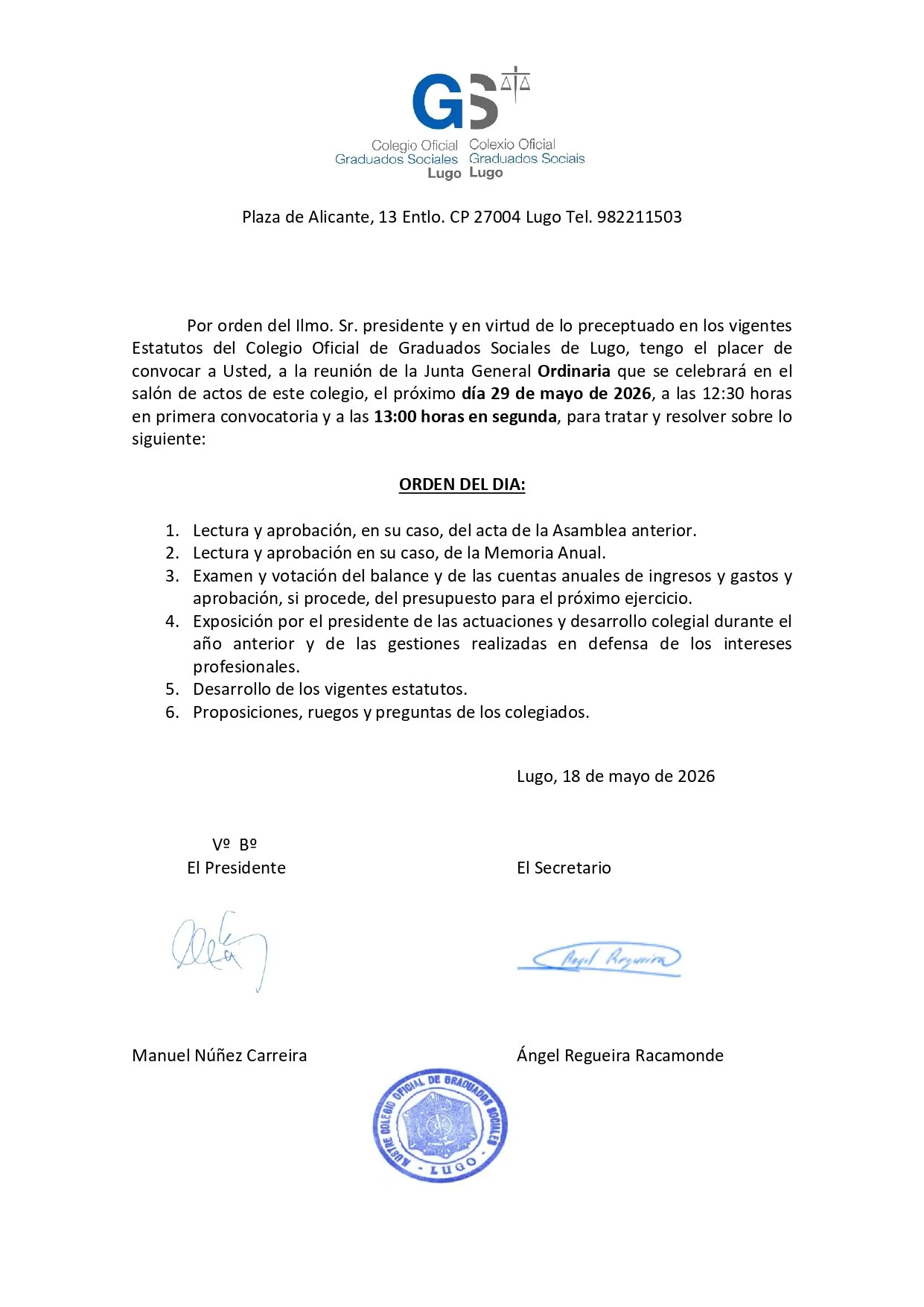 CONVOCATORIA ASAMBLEA GENERAL 29/05/2026