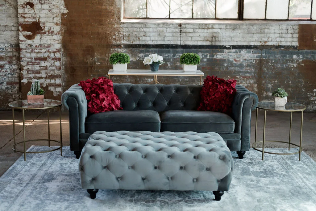 Greyson Chesterfield Lounge Set- Grey Tuft Velvet + Gold