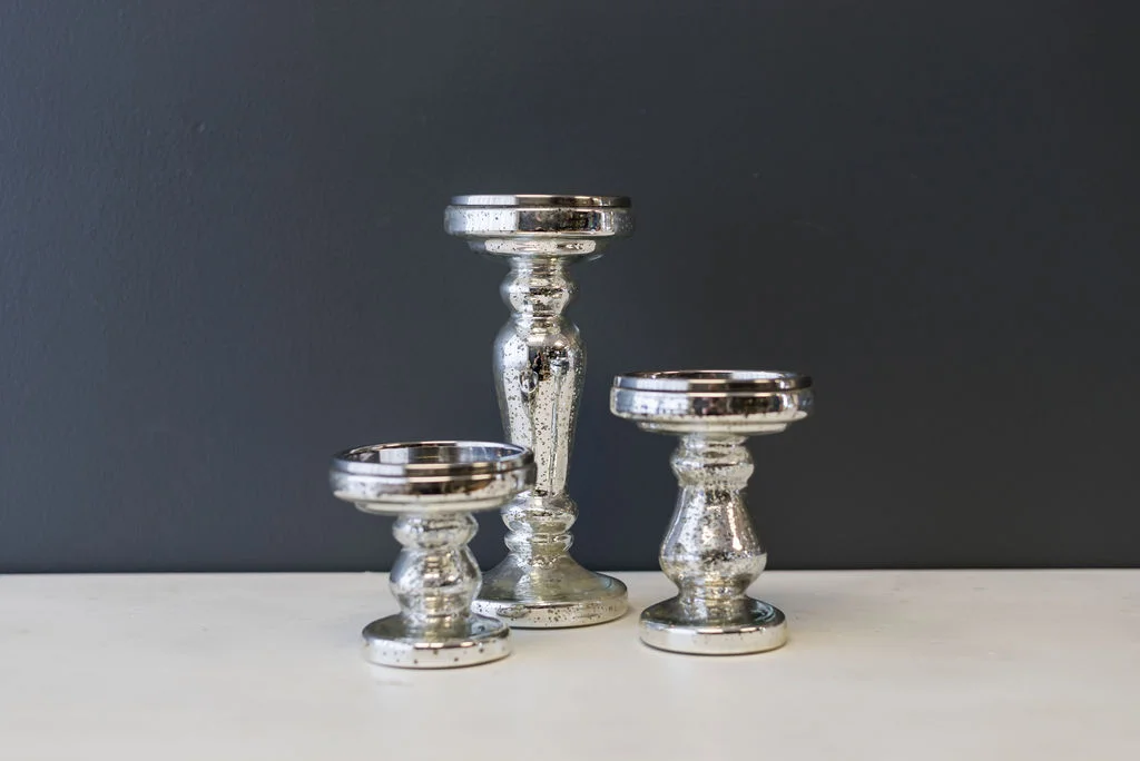 Assorted Silver Mercury Glass Pillar Candlesticks