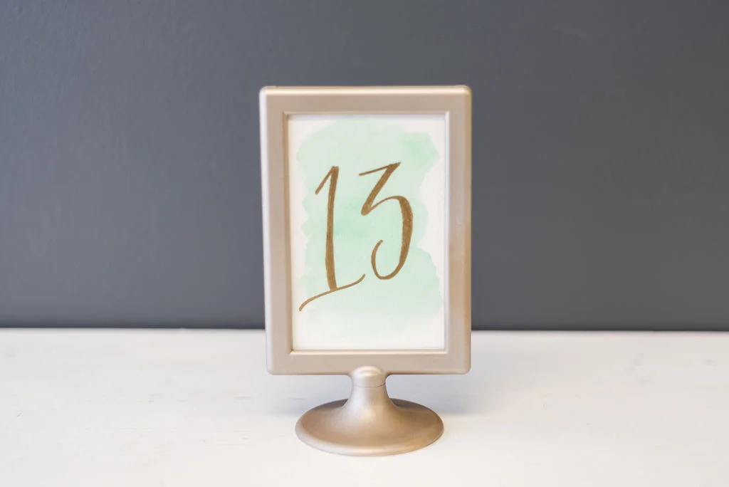 Green Water Color & Gold Table Numbers (#13)