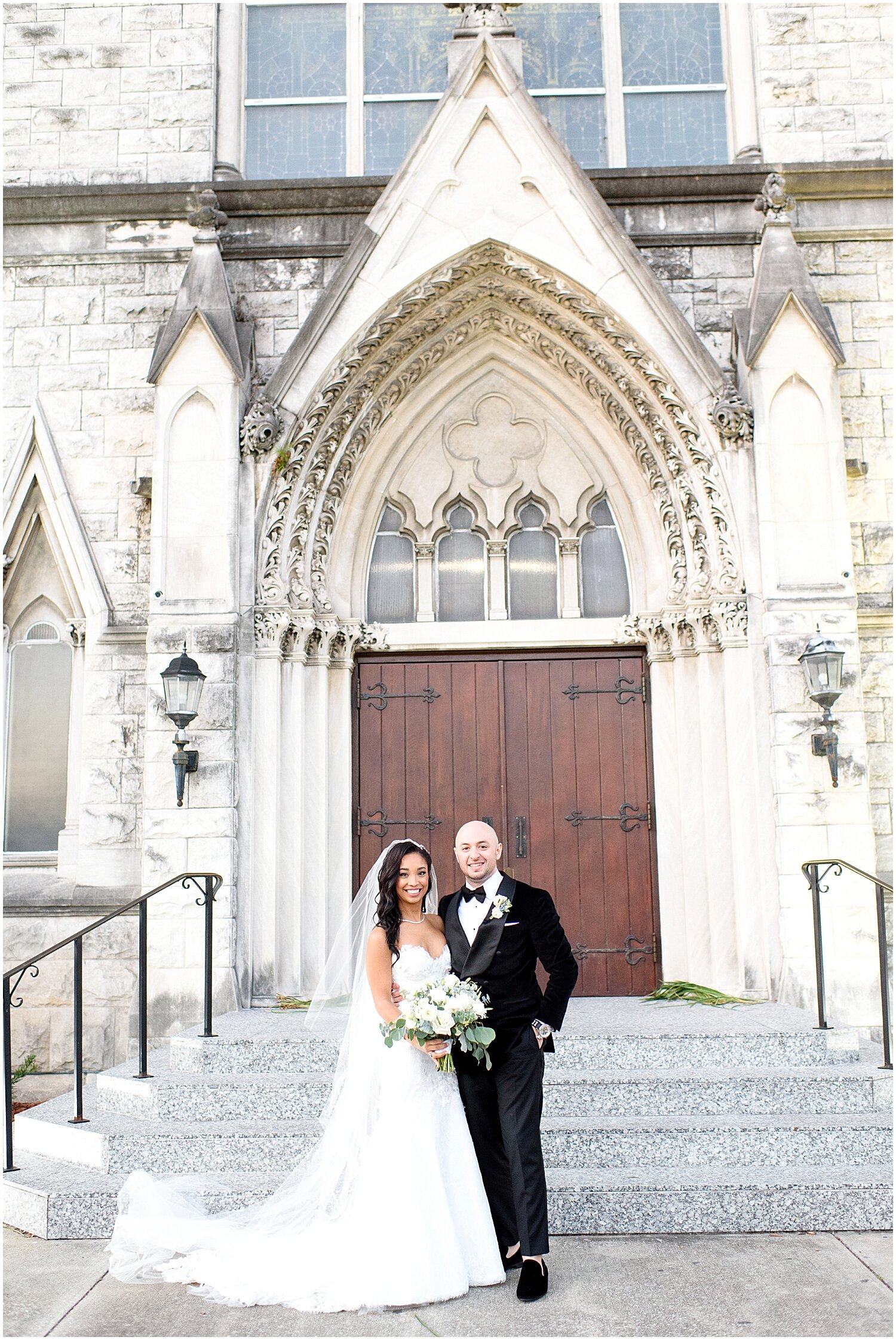  bride and groom in front of the church 