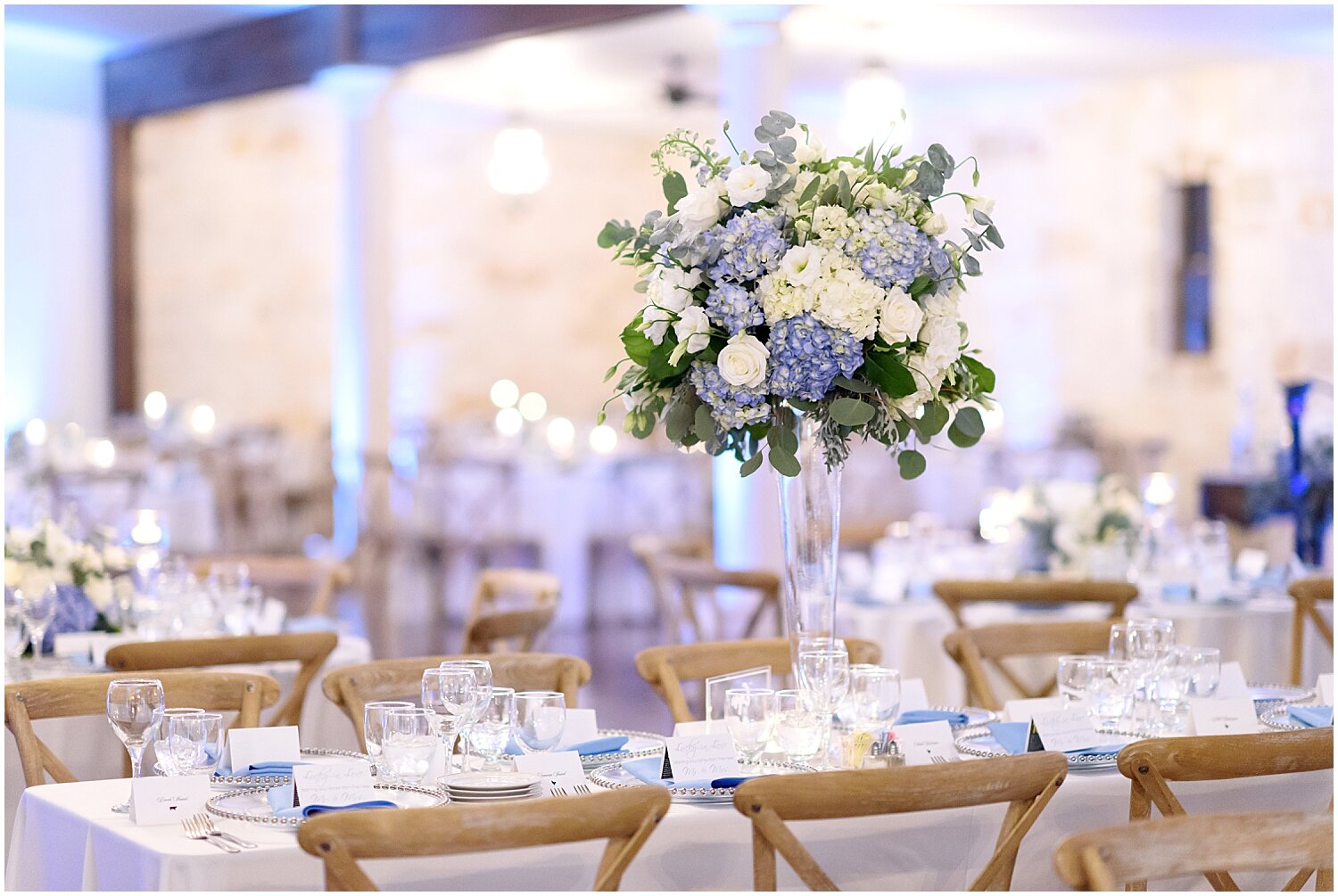  tall white and baby blue wedding centerpiece 