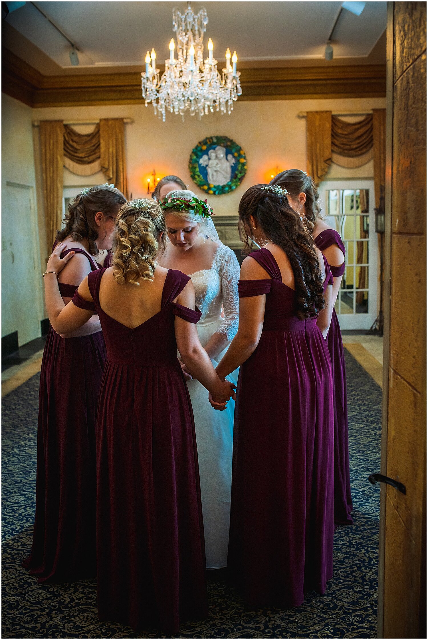  bride and bridesmaids praying before the wedding 
