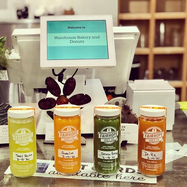 How&rsquo;s this for a little self-love today? A nice line up of nutrient dense, raw, cold pressed, organic juice made small batch right here in Fairhope. @warehousebakeryanddonuts &ldquo;Nourish the Body, Fuel the Soul&rdquo; 🥕 Jubilee: Carrot, app