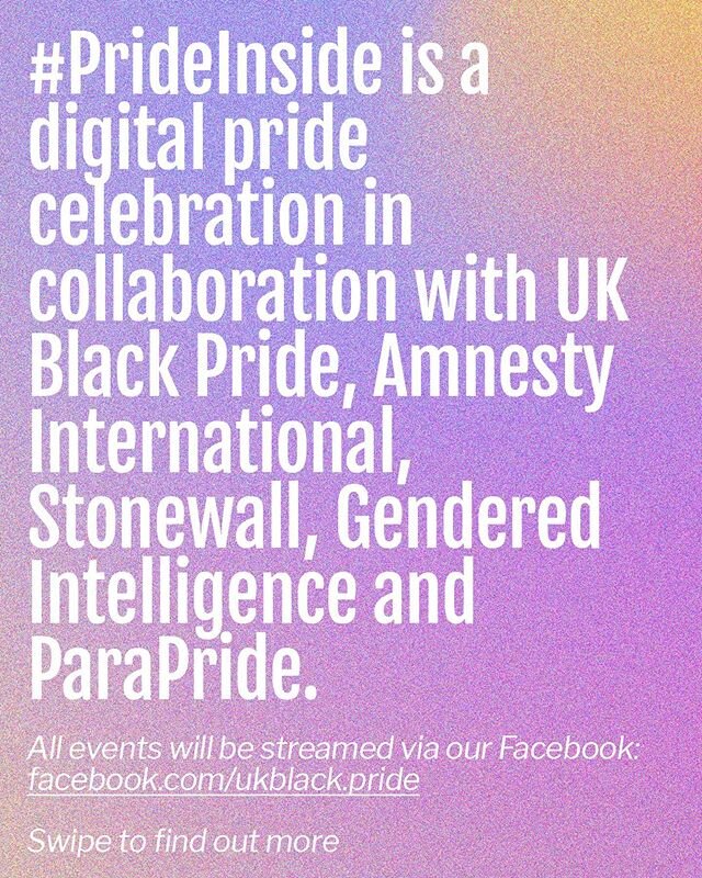 We are so excited to share our programme for #PrideInside. From Thursday 2 July &mdash; Sunday 5 July, we&rsquo;re streaming masterclasses, conversations, entertainment, meditations and worship to hold you over until our 15th birthday celebration in August 😊
&bull;
@amnestyuk @stonewalluk @genderedintelligence @parapride.world