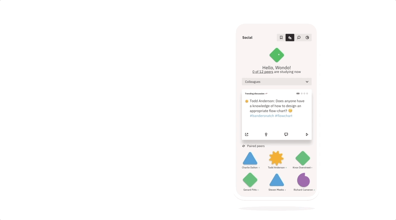  Every user in FlipMe’s mobile app has their own   learning style   results and profile symbols through Kolb’s learning style questionnaire. With motions of friends’ symbols, users can recognise friends’ current states among; offline (no motion), onl