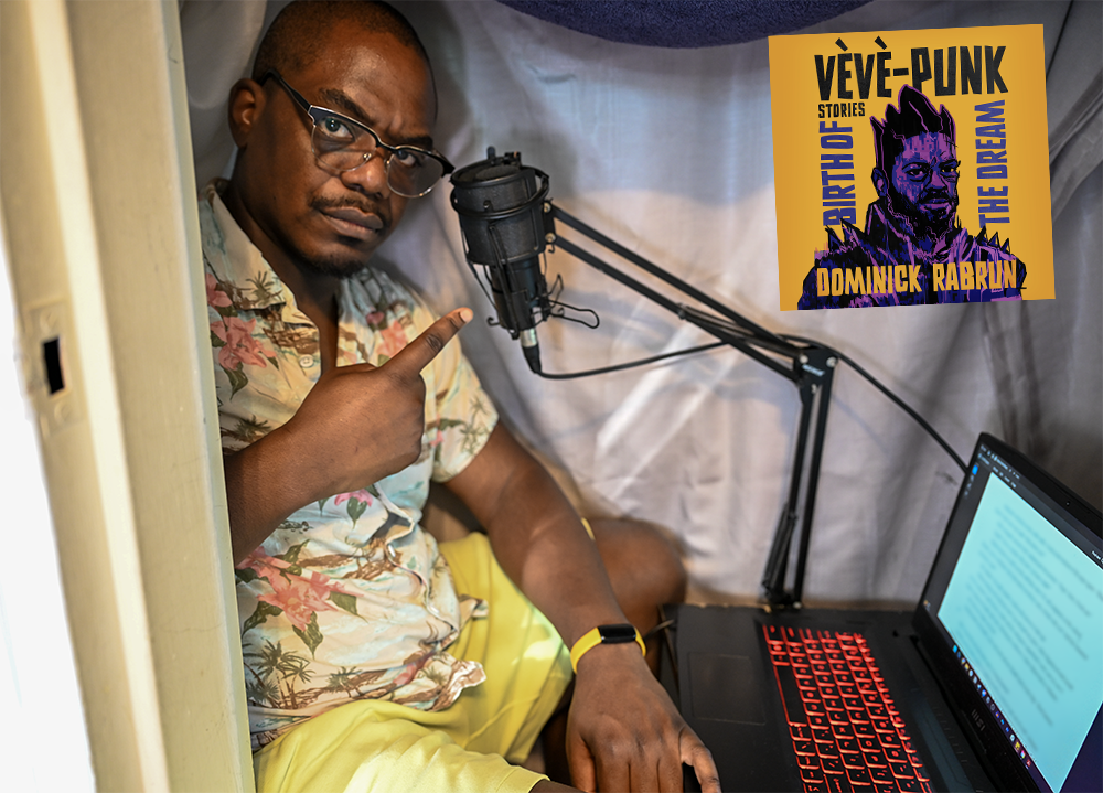 Dominick Rabrun narrating Vèvè-Punk: Birth of the Dream audiobook in his home recording booth with professional microphone and equipment