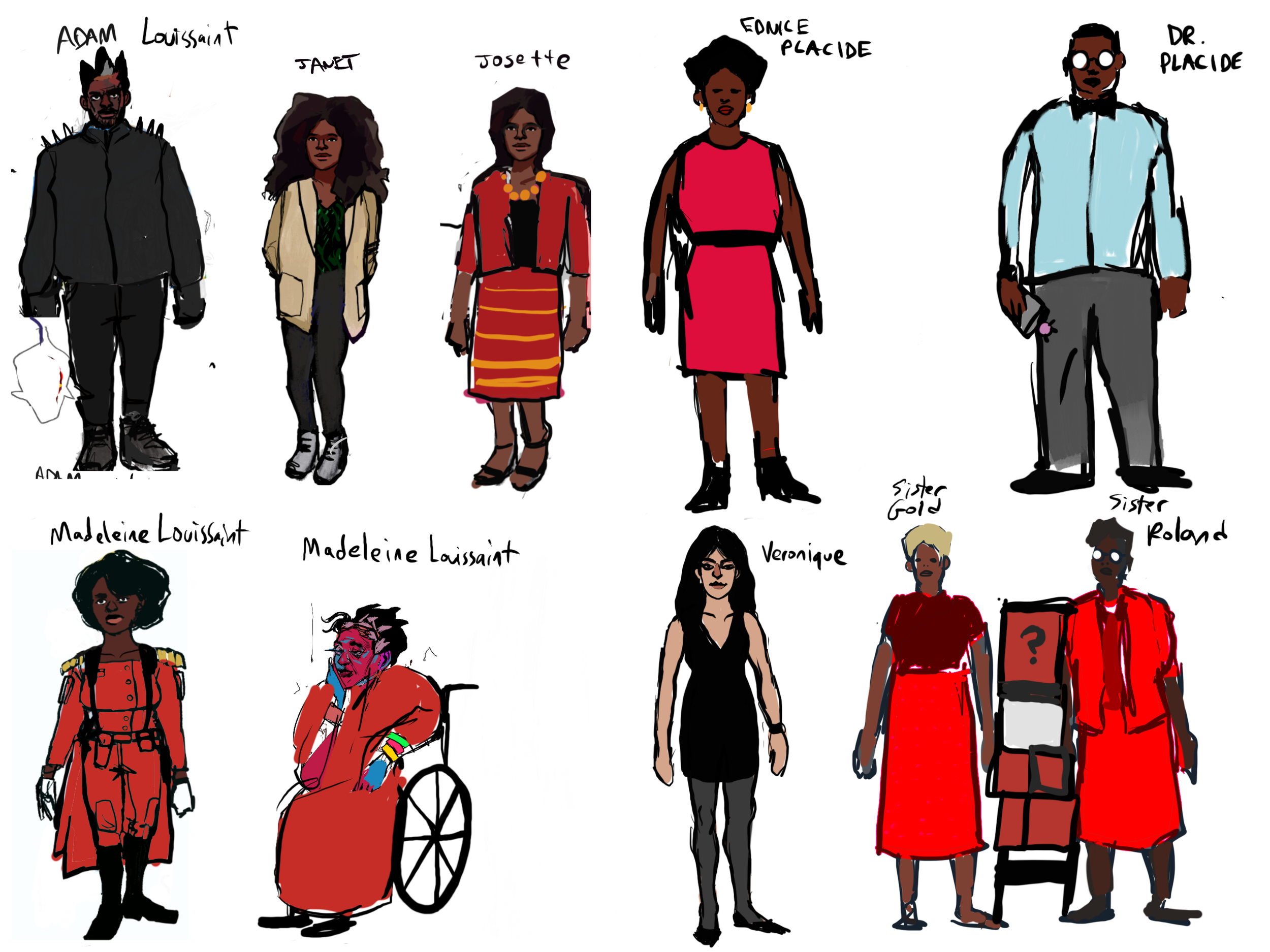 A collection of original 2022 character sketches for Vèvè-Punk: Birth of the Dream, showing the early visual designs for protagonists Adam and Janet in a rough, hand-drawn sketchbook style.