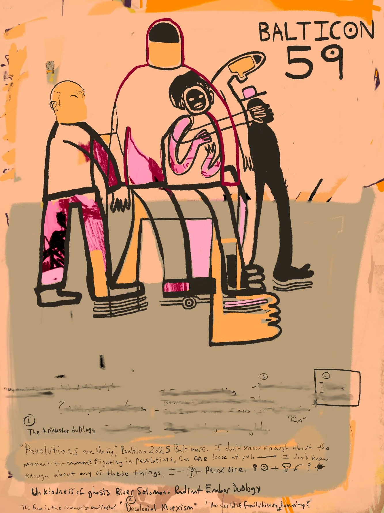 Digital illustration by Dominick Rabrun drawn during Balticon 59 panels, featuring stylized figures with handwritten notes on speculative fiction as well as current US politics.